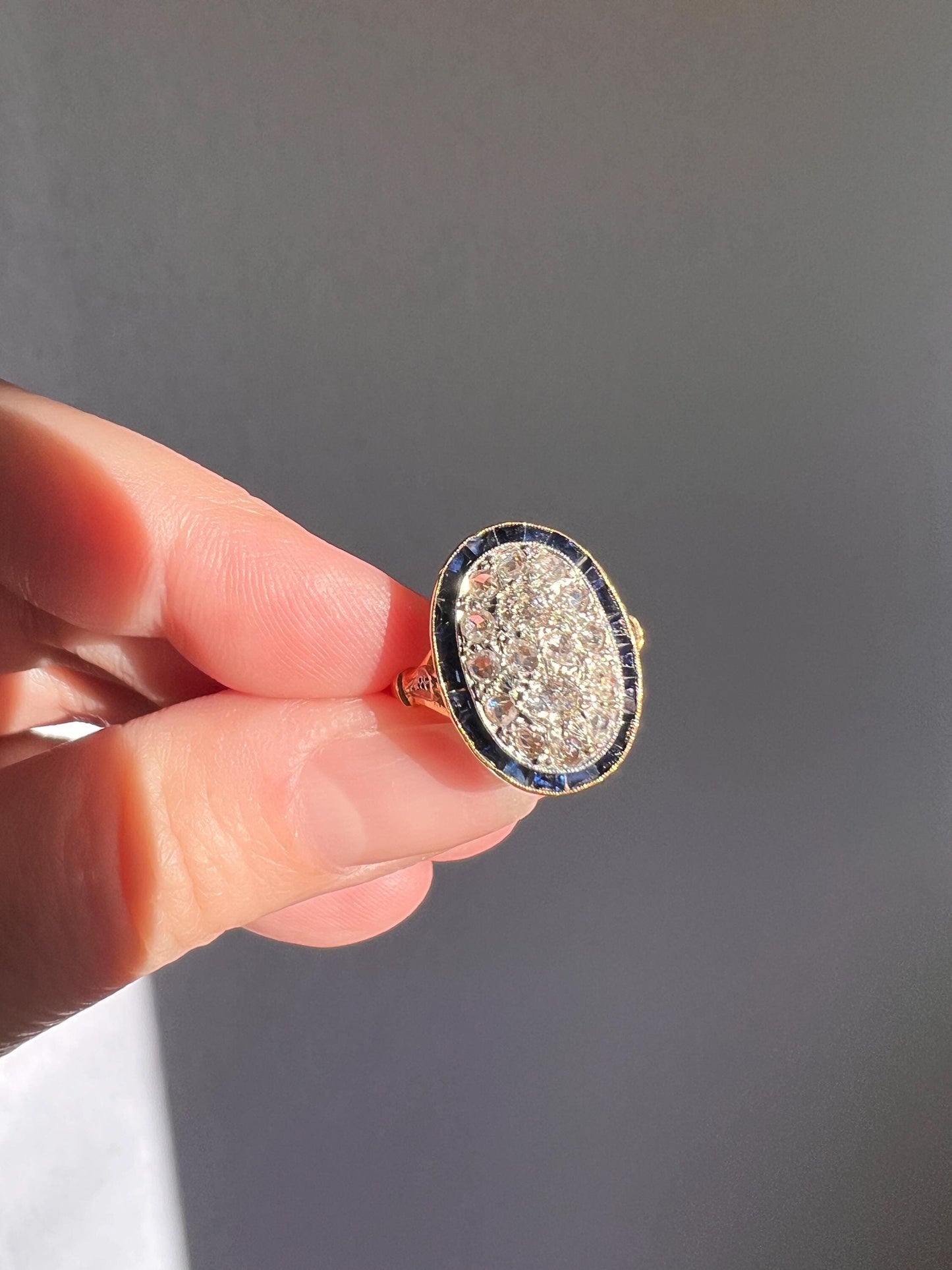 OVAL Rose Old Mine Cut Diamond HALO Ring French Antique 18k Gold Edwardian Carre Square Cut SAPPHIRE Halo Rare Stacker OmC Blue
