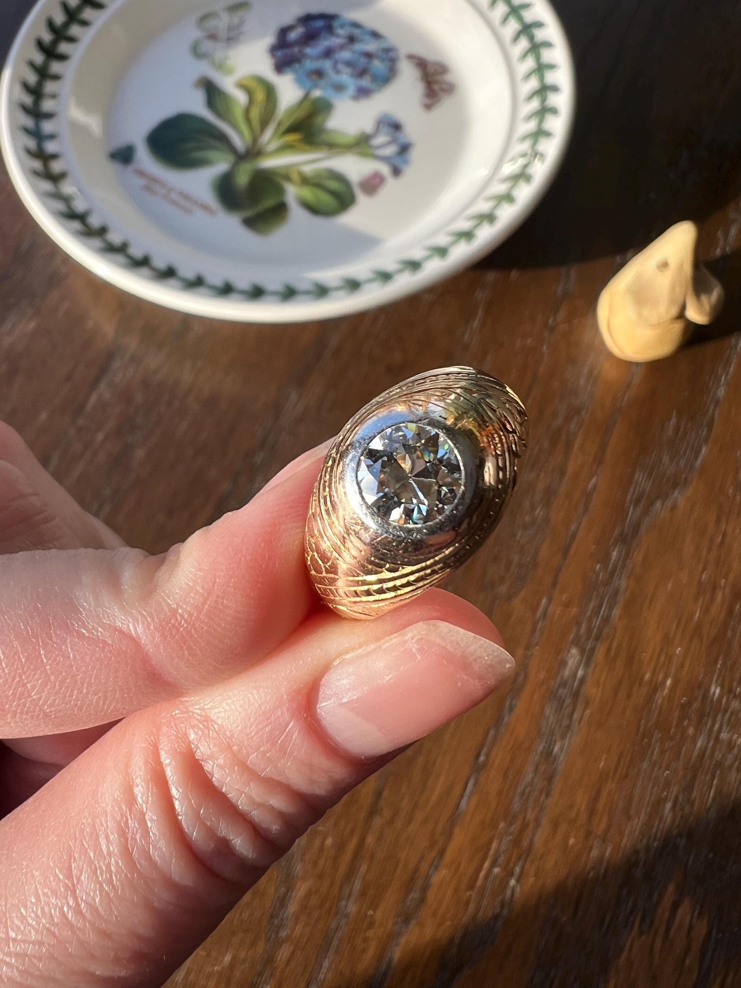HEAVY 1.2 Carat Transitional Cut DIAMOND French Vintage 12g 18k Gold Forget Me Not Floral Gypsy Band Ring Gift Stacker Chunky Unisex Man or