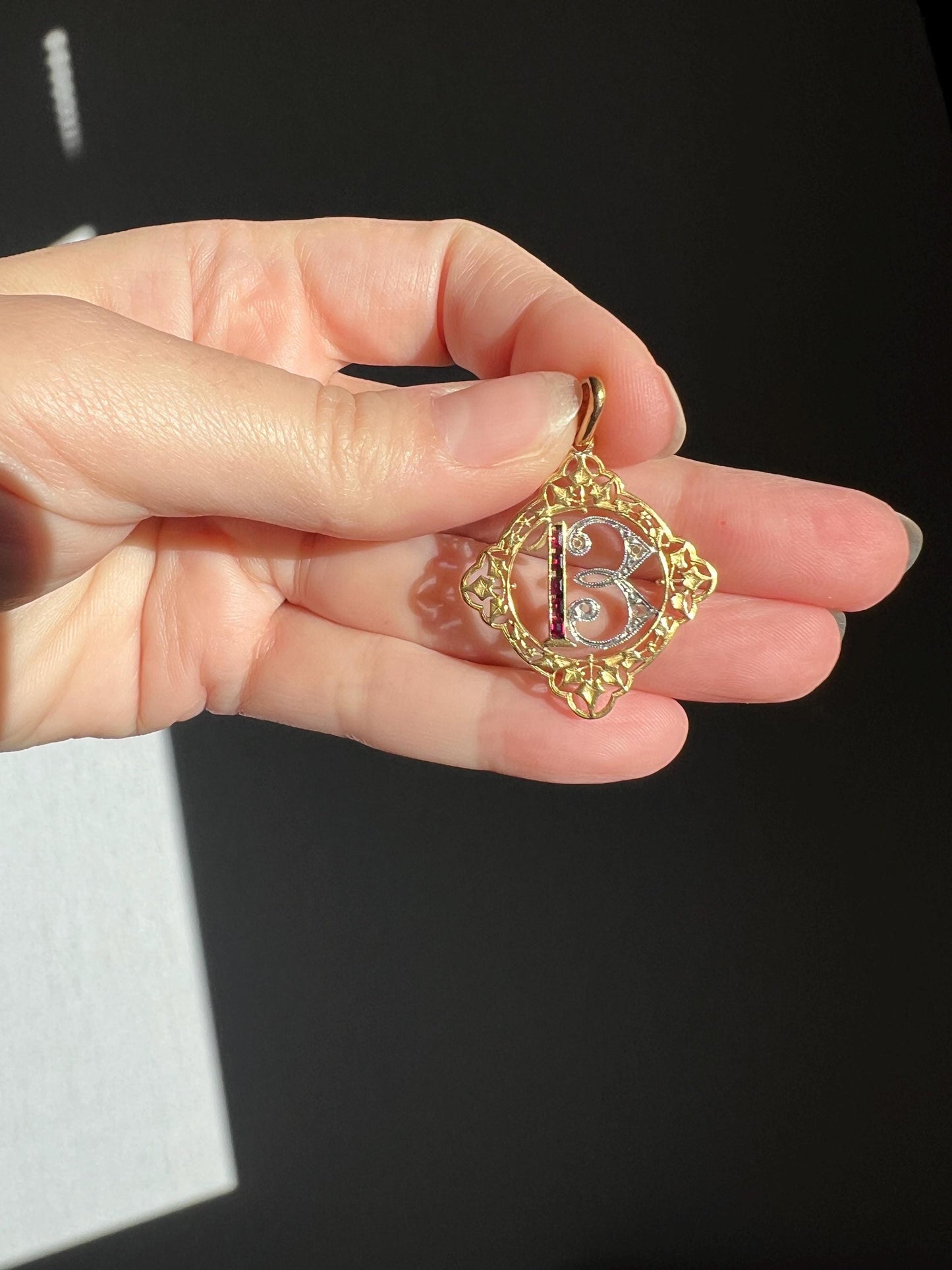 FRENCH Antique RUBY Lucky Number # 13 Pendant Rose Cut DIAMOND 18k Gold Belle Epoque Victorian Medal Ivy Thirteen Amulet Love Token Figural