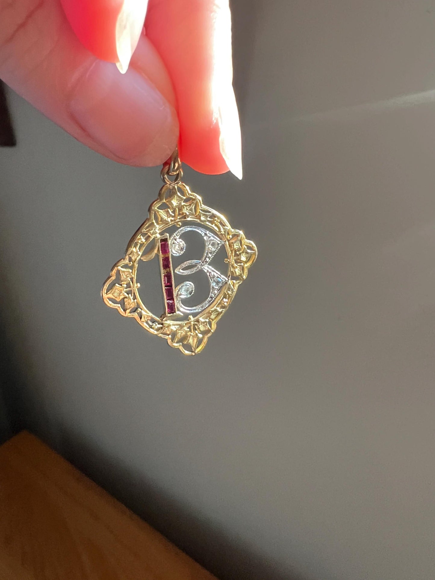 FRENCH Antique RUBY Lucky Number # 13 Pendant Rose Cut DIAMOND 18k Gold Belle Epoque Victorian Medal Ivy Thirteen Amulet Love Token Figural
