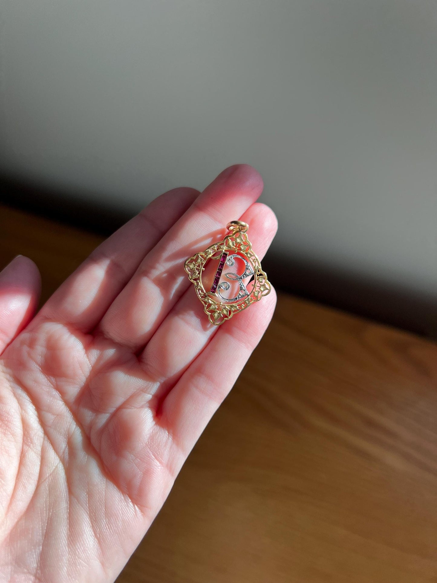 FRENCH Antique RUBY Lucky Number # 13 Pendant Rose Cut DIAMOND 18k Gold Belle Epoque Victorian Medal Ivy Thirteen Amulet Love Token Figural