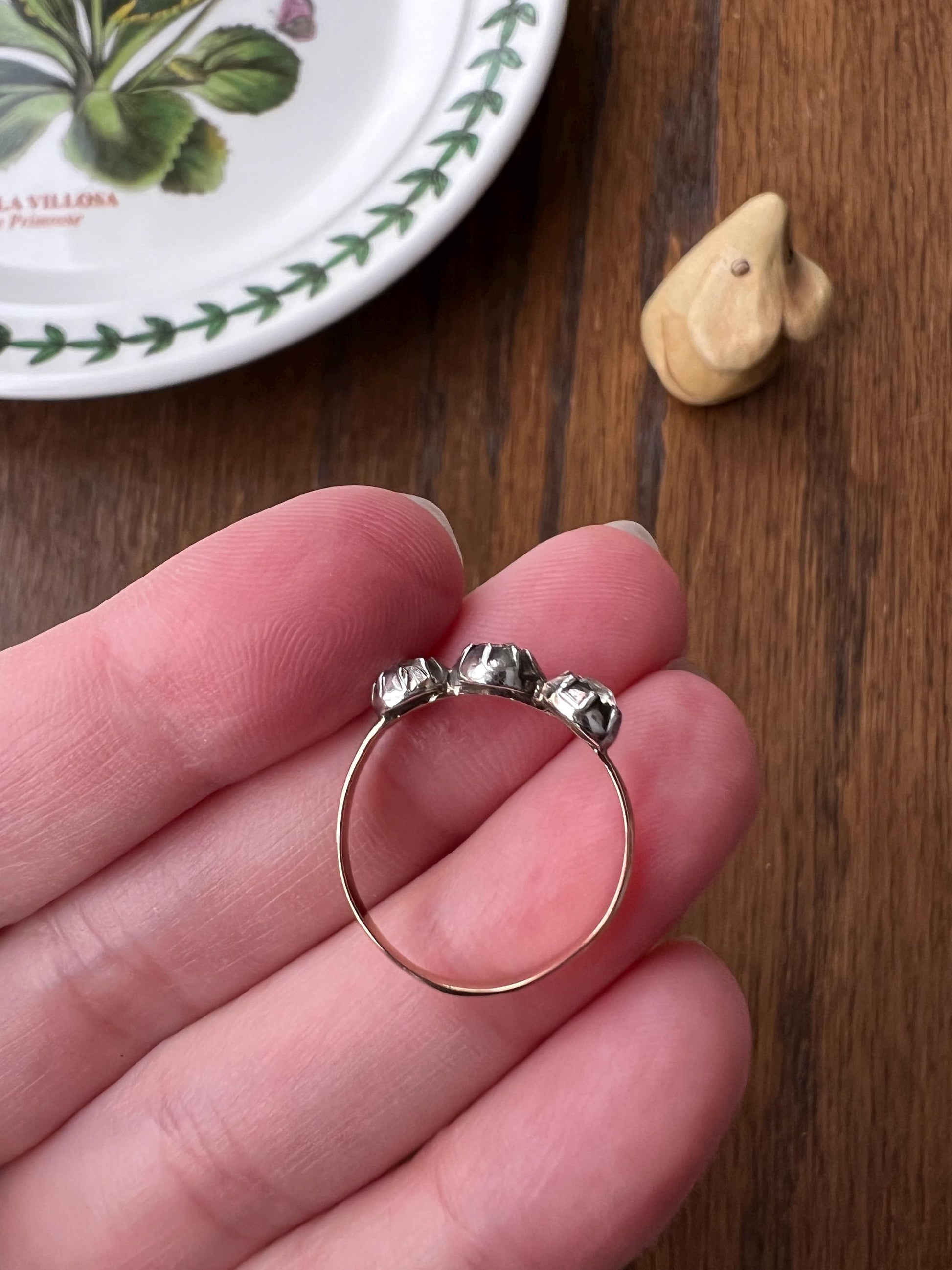 Old Cut PASTE Three Stone Ring Stackable Band French Georgian Victorian Antique 18k Gold Silver Collet Dainty Minimalist Collectible Gift