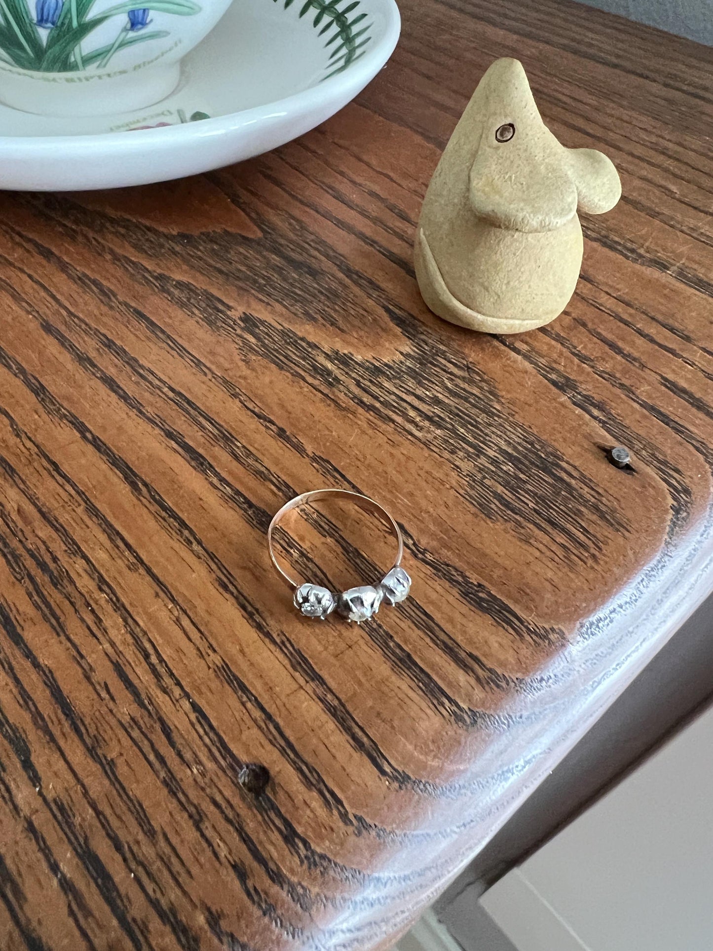 Old Cut PASTE Three Stone Ring Stackable Band French Georgian Victorian Antique 18k Gold Silver Collet Dainty Minimalist Collectible Gift
