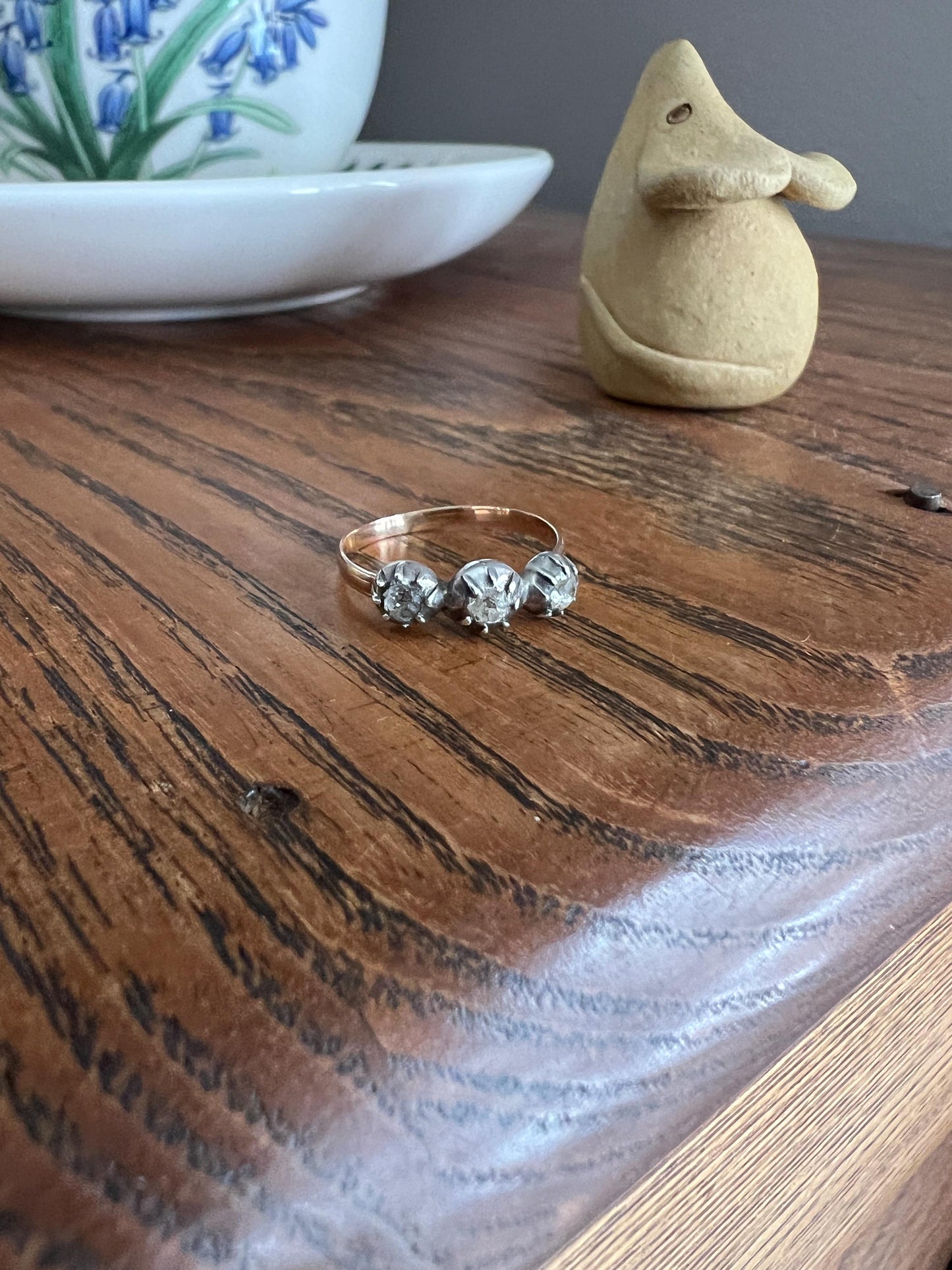 Old Cut PASTE Three Stone Ring Stackable Band French Georgian Victorian Antique 18k Gold Silver Collet Dainty Minimalist Collectible Gift