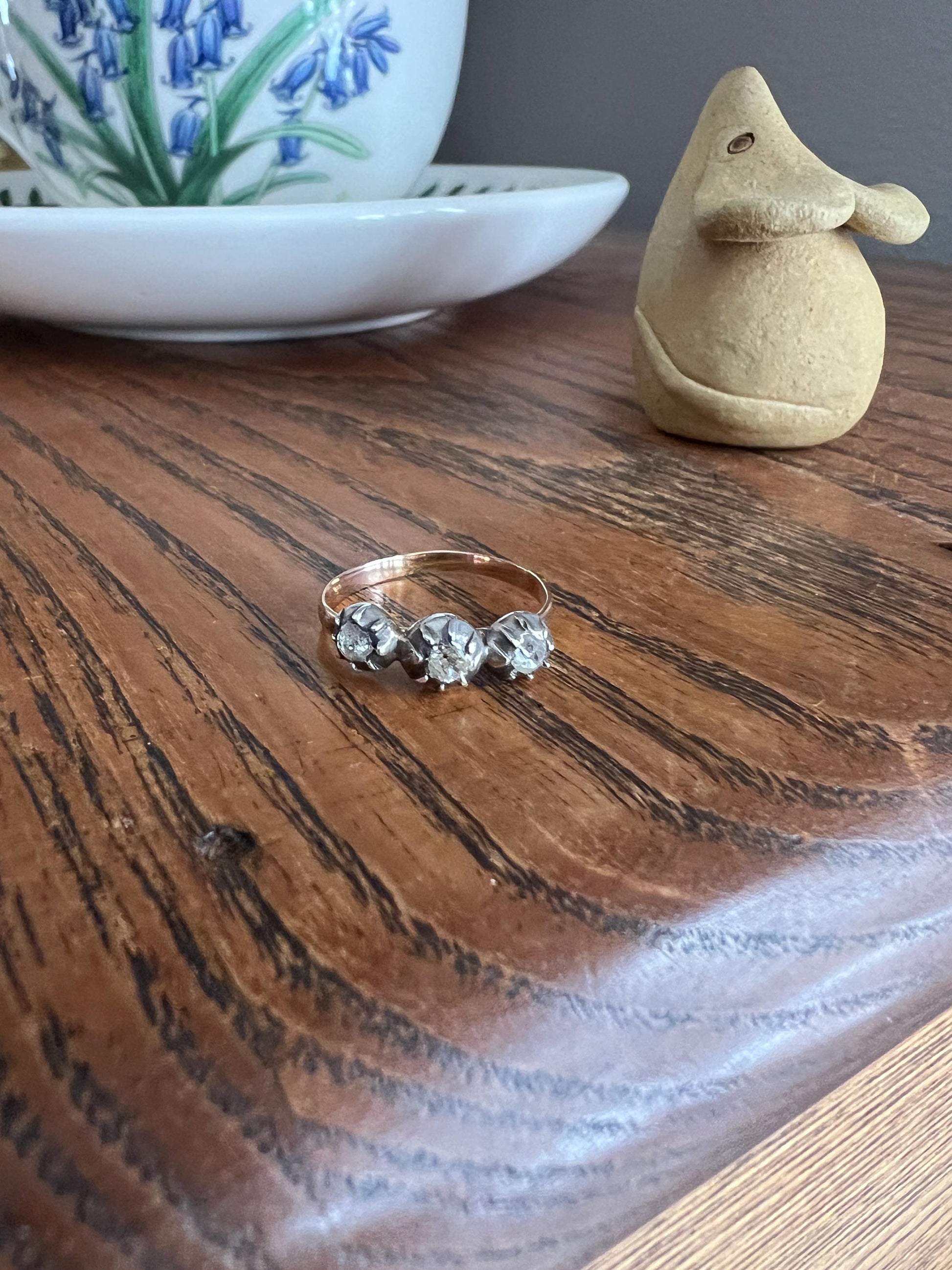 Old Cut PASTE Three Stone Ring Stackable Band French Georgian Victorian Antique 18k Gold Silver Collet Dainty Minimalist Collectible Gift