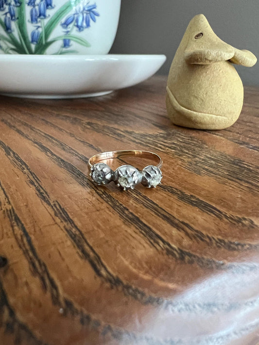 Old Cut PASTE Three Stone Ring Stackable Band French Georgian Victorian Antique 18k Gold Silver Collet Dainty Minimalist Collectible Gift
