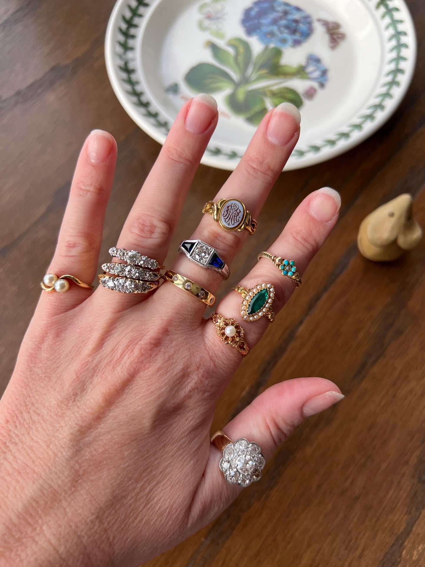 Three Stone FLORAL Engraved Vintage Art Deco Style .65Ct Diamond Sapphire Three Stone Ring French 18k White Gold Forget Me Not Stacker Blue