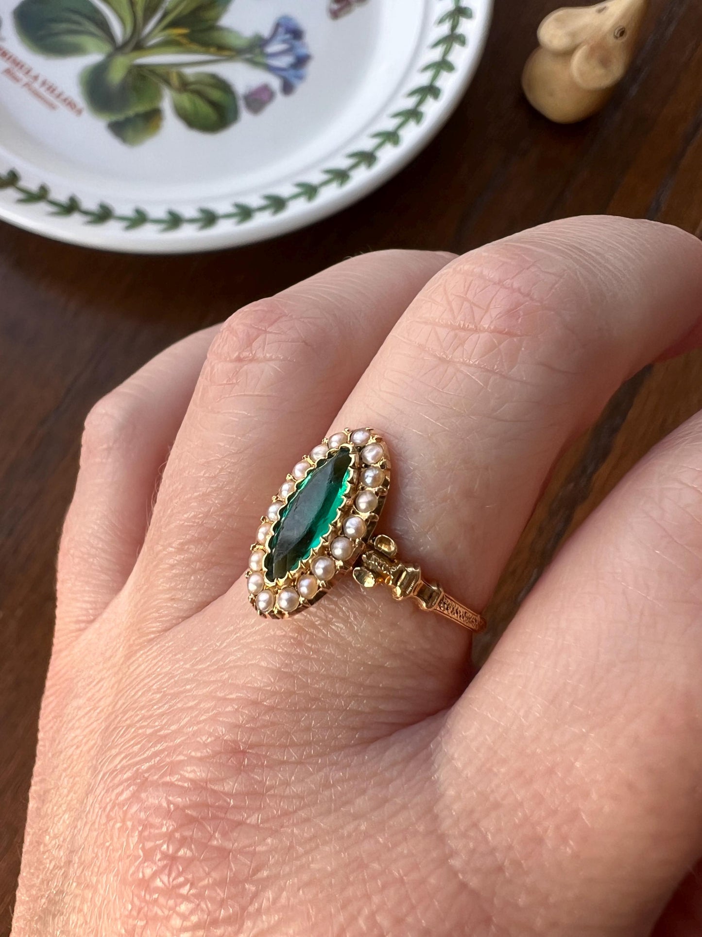 Oval NAVETTE Green Teal Paste Emerald Seed Pearl Halo French Marquise Victorian Antique 18k Gold Pop of Color Ringstack French Belle Epoque