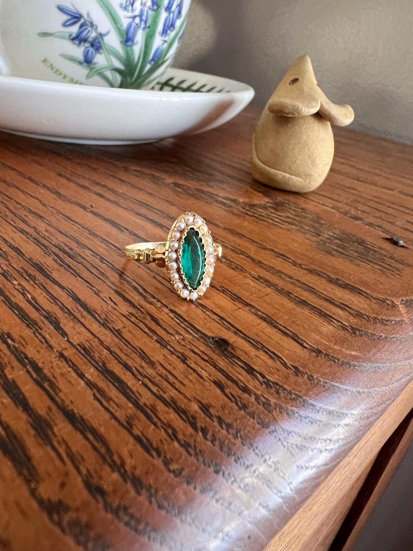 Oval NAVETTE Green Teal Paste Emerald Seed Pearl Halo French Marquise Victorian Antique 18k Gold Pop of Color Ringstack French Belle Epoque