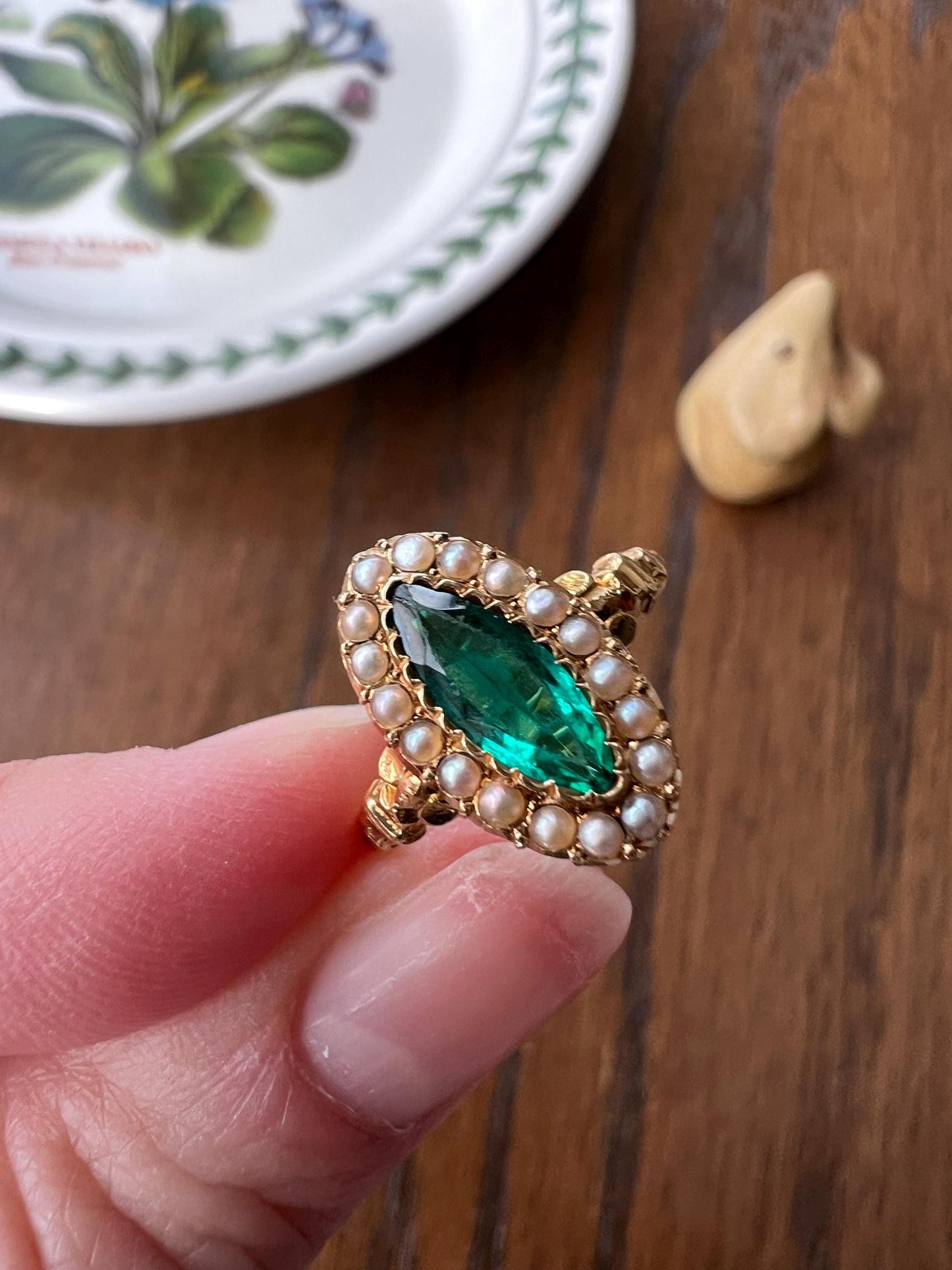 Oval NAVETTE Green Teal Paste Emerald Seed Pearl Halo French Marquise Victorian Antique 18k Gold Pop of Color Ringstack French Belle Epoque