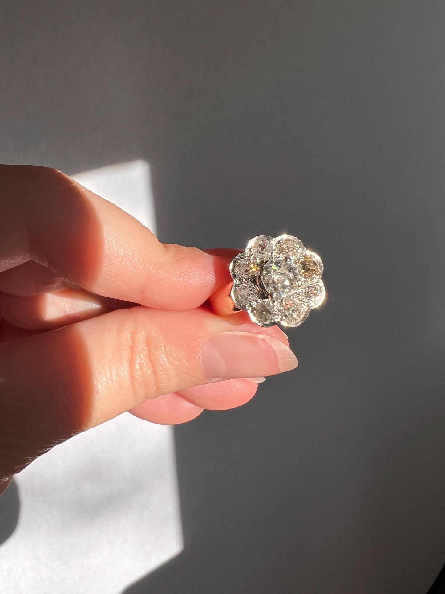 Large ANTIQUE 2.6 Carat Nine Stone Old Mine Cut Halo DiAMOND Ring 18k Gold PLATiNUM Wide Band Daisy Cluster Stacker Romantic Gift Floral OMC