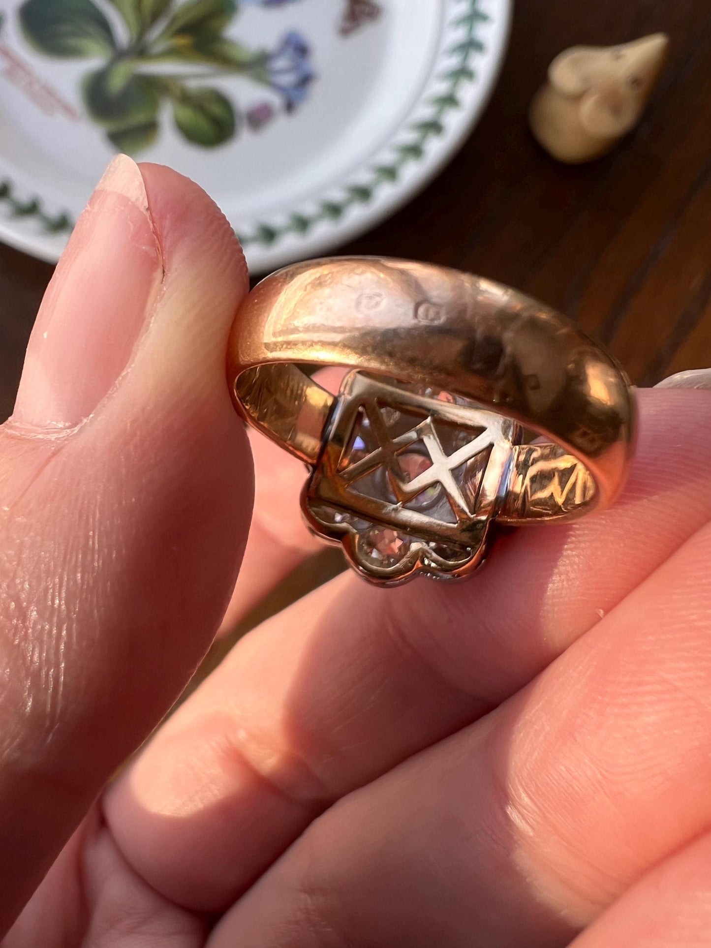 Large ANTIQUE 2.6 Carat Nine Stone Old Mine Cut Halo DiAMOND Ring 18k Gold PLATiNUM Wide Band Daisy Cluster Stacker Romantic Gift Floral OMC