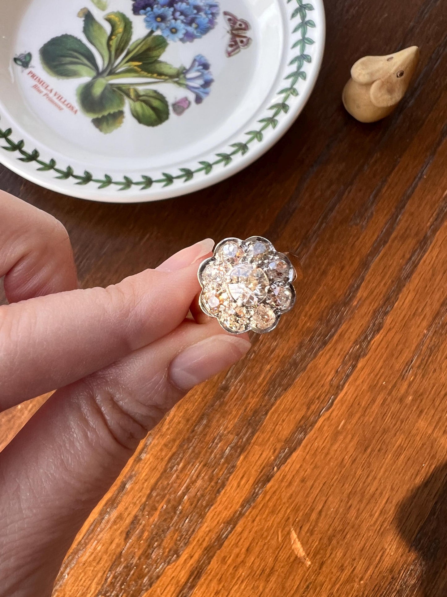 Large ANTIQUE 2.6 Carat Nine Stone Old Mine Cut Halo DiAMOND Ring 18k Gold PLATiNUM Wide Band Daisy Cluster Stacker Romantic Gift Floral OMC