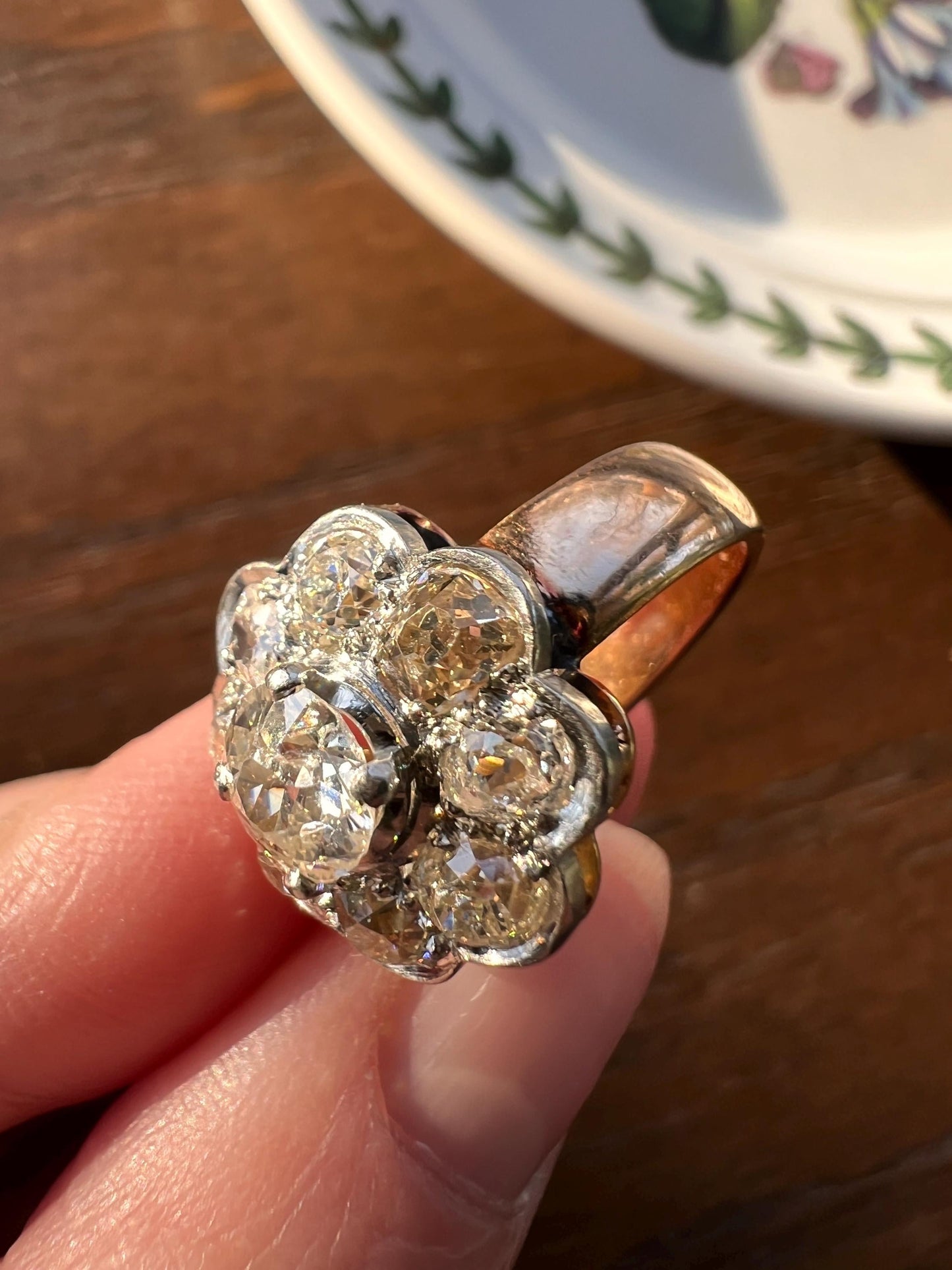 Large ANTIQUE 2.6 Carat Nine Stone Old Mine Cut Halo DiAMOND Ring 18k Gold PLATiNUM Wide Band Daisy Cluster Stacker Romantic Gift Floral OMC