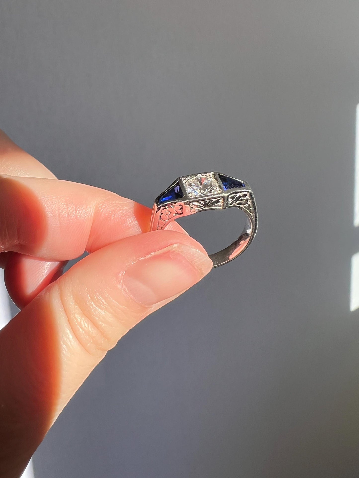 Three Stone FLORAL Engraved Vintage Art Deco Style .65Ct Diamond Sapphire Three Stone Ring French 18k White Gold Forget Me Not Stacker Blue