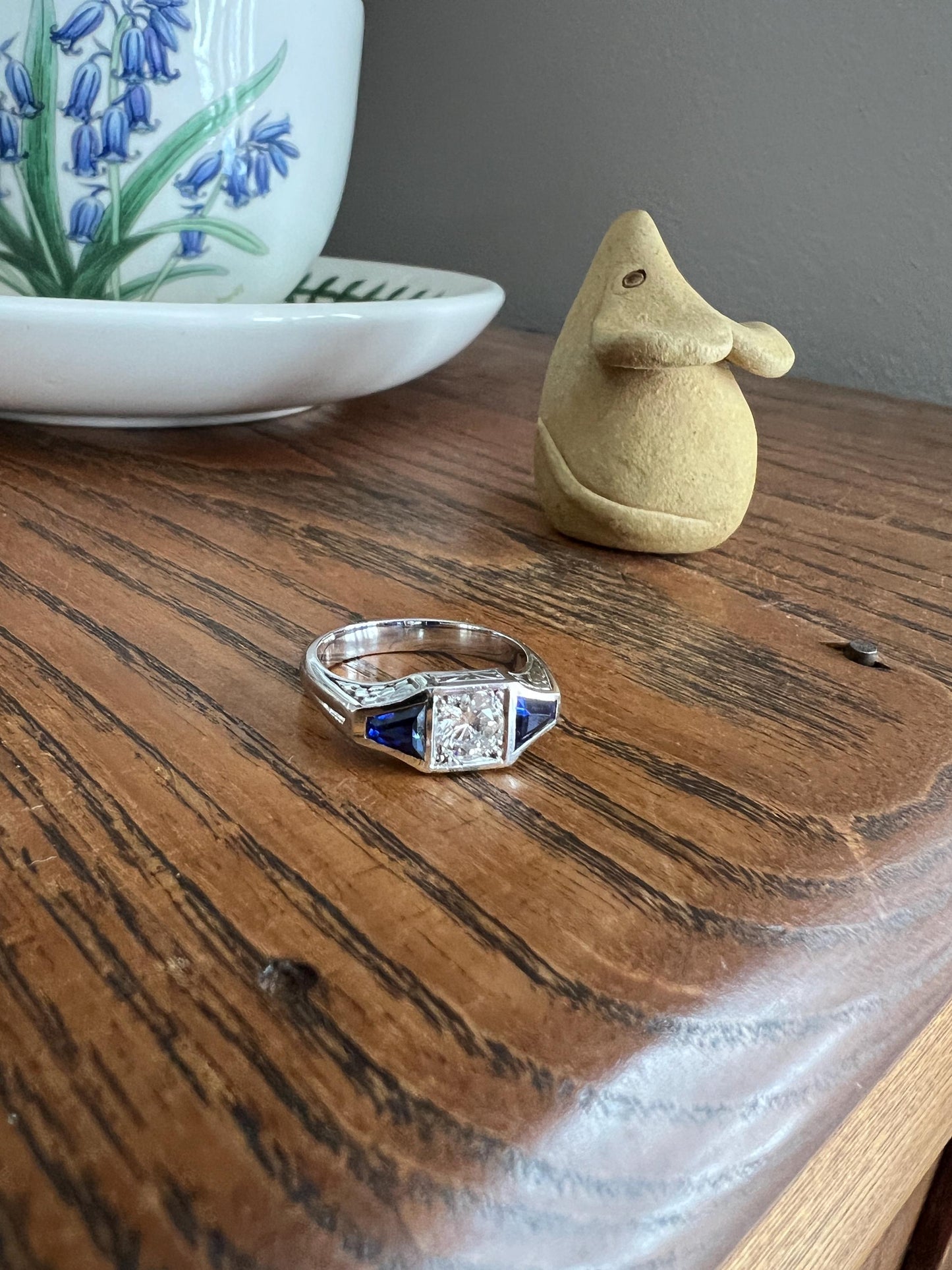 Three Stone FLORAL Engraved Vintage Art Deco Style .65Ct Diamond Sapphire Three Stone Ring French 18k White Gold Forget Me Not Stacker Blue