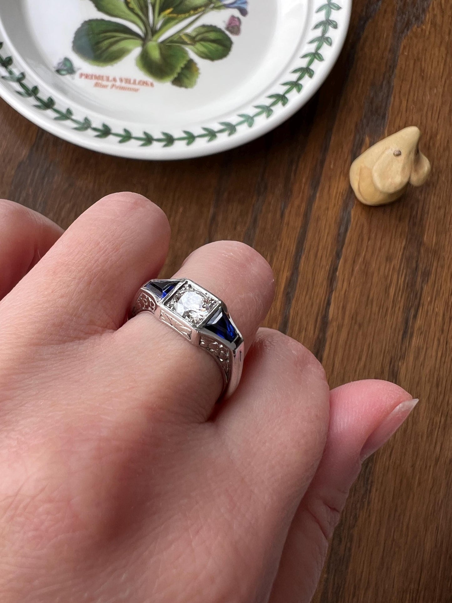 Three Stone FLORAL Engraved Vintage Art Deco Style .65Ct Diamond Sapphire Three Stone Ring French 18k White Gold Forget Me Not Stacker Blue