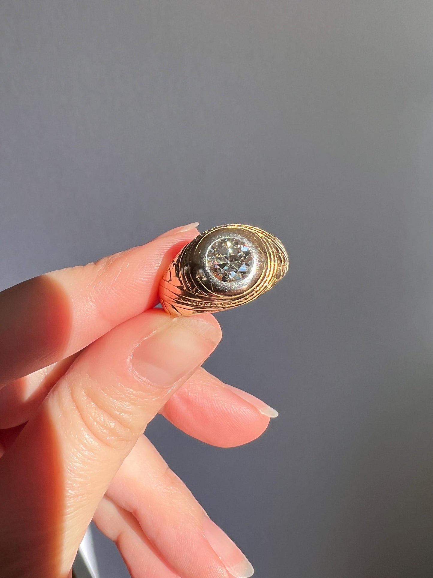 HEAVY 1.2 Carat Transitional Cut DIAMOND French Vintage 12g 18k Gold Forget Me Not Floral Gypsy Band Ring Gift Stacker Chunky Unisex Man or