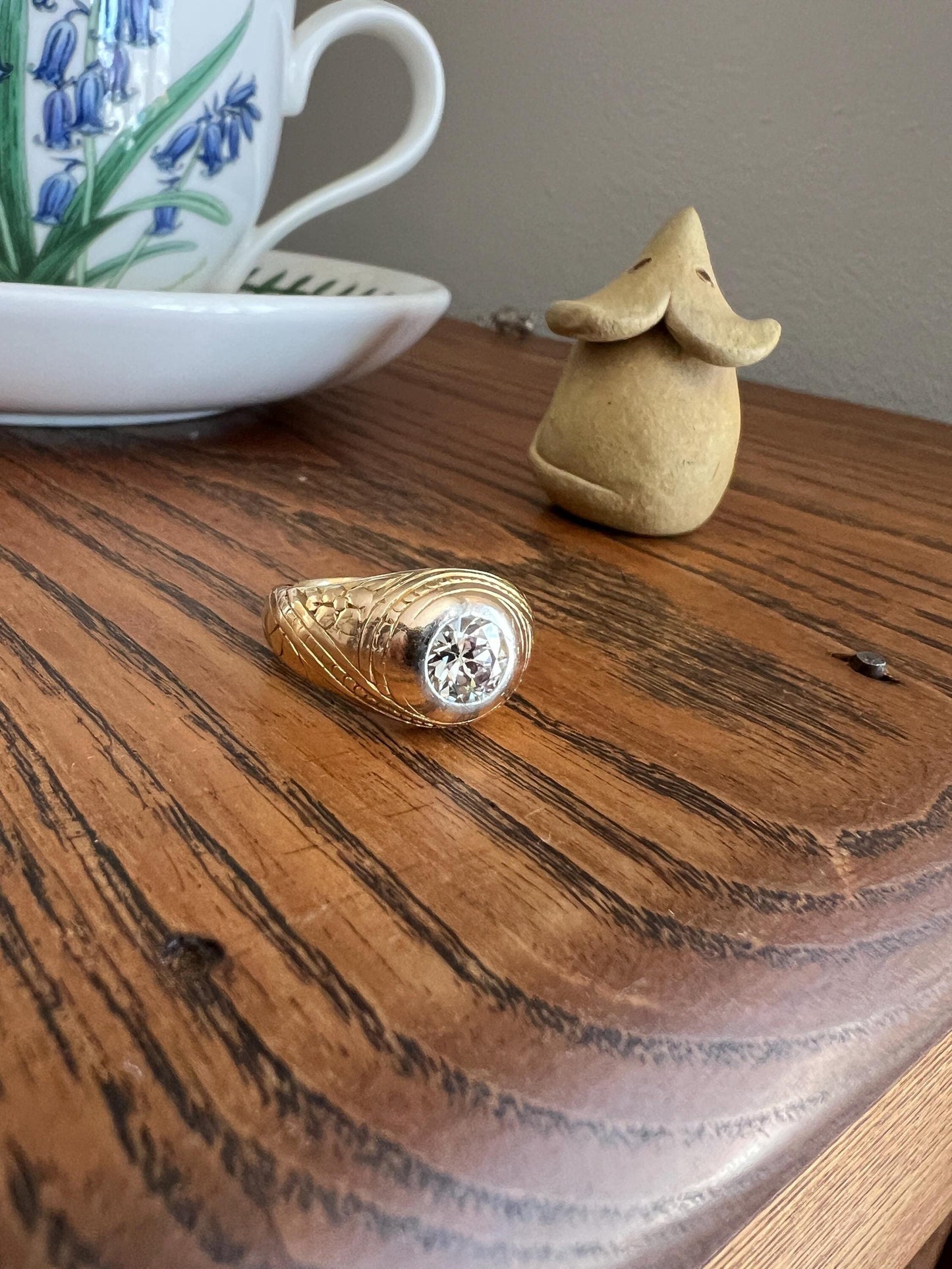 HEAVY 1.2 Carat Transitional Cut DIAMOND French Vintage 12g 18k Gold Forget Me Not Floral Gypsy Band Ring Gift Stacker Chunky Unisex Man or