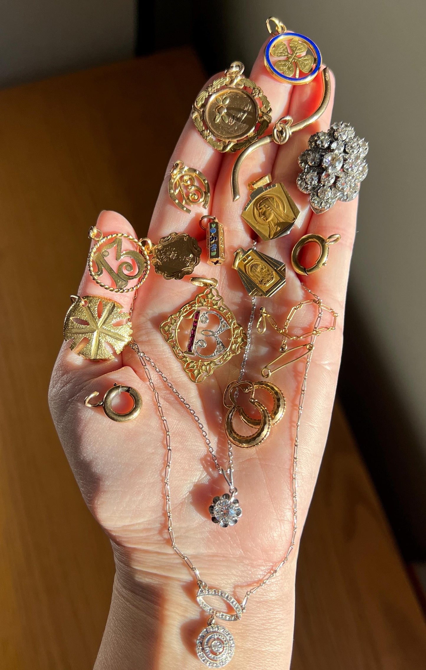 FRENCH Antique RUBY Lucky Number # 13 Pendant Rose Cut DIAMOND 18k Gold Belle Epoque Victorian Medal Ivy Thirteen Amulet Love Token Figural