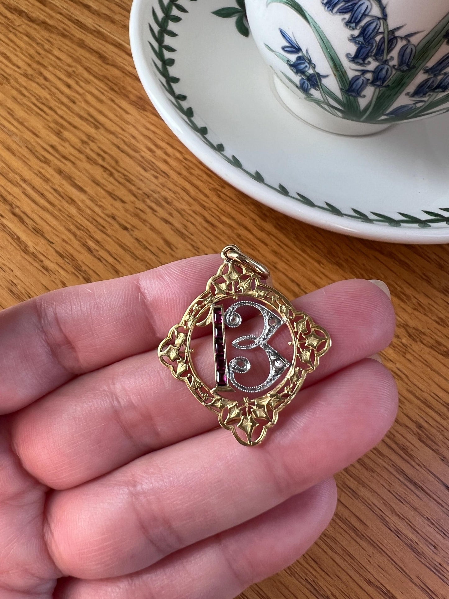 FRENCH Antique RUBY Lucky Number # 13 Pendant Rose Cut DIAMOND 18k Gold Belle Epoque Victorian Medal Ivy Thirteen Amulet Love Token Figural