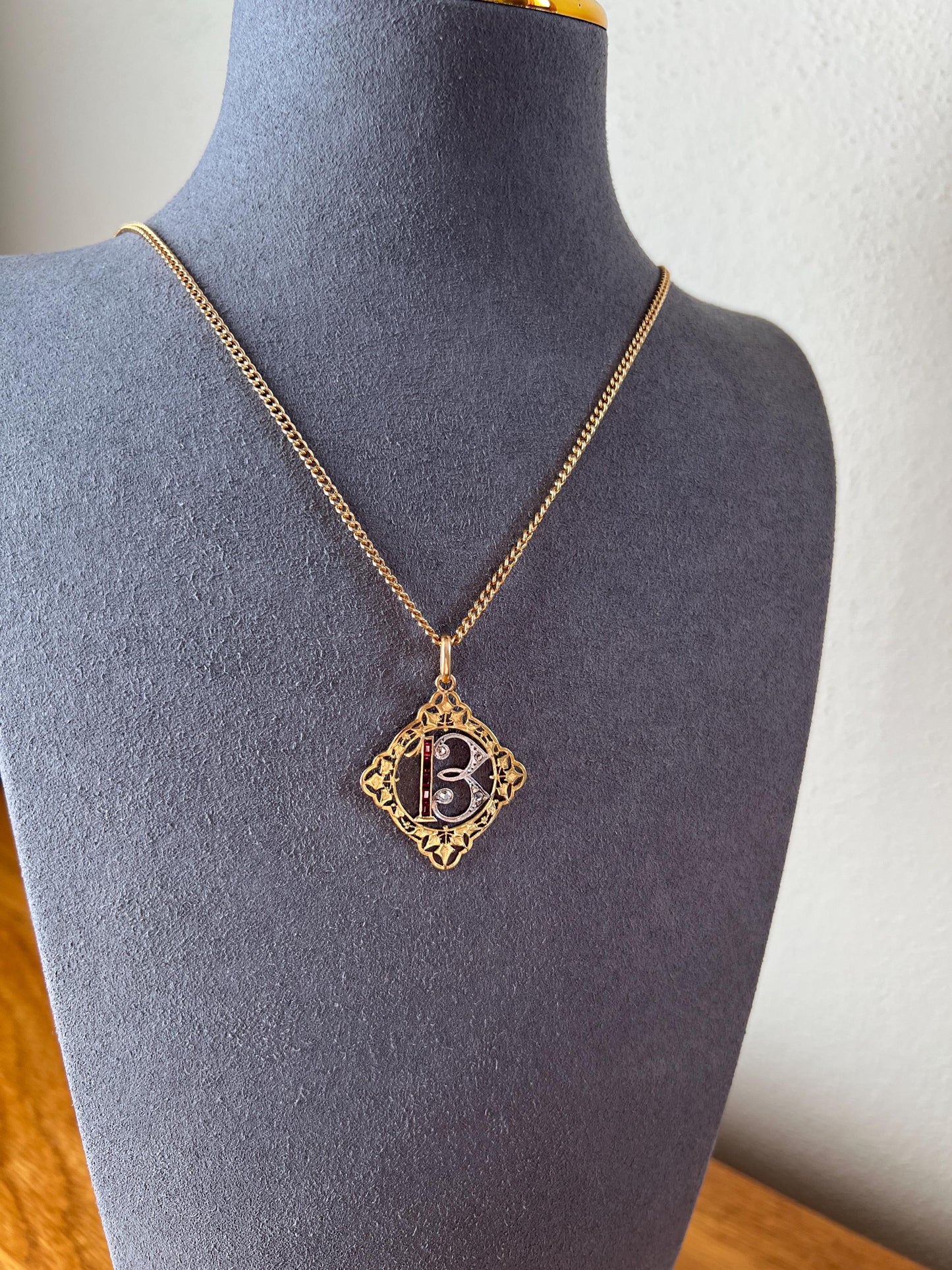FRENCH Antique RUBY Lucky Number # 13 Pendant Rose Cut DIAMOND 18k Gold Belle Epoque Victorian Medal Ivy Thirteen Amulet Love Token Figural