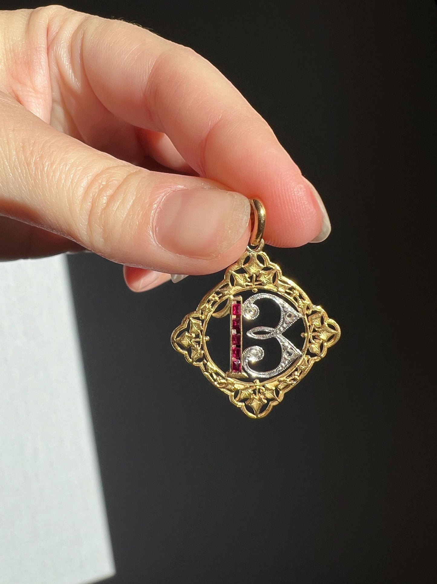 FRENCH Antique RUBY Lucky Number # 13 Pendant Rose Cut DIAMOND 18k Gold Belle Epoque Victorian Medal Ivy Thirteen Amulet Love Token Figural