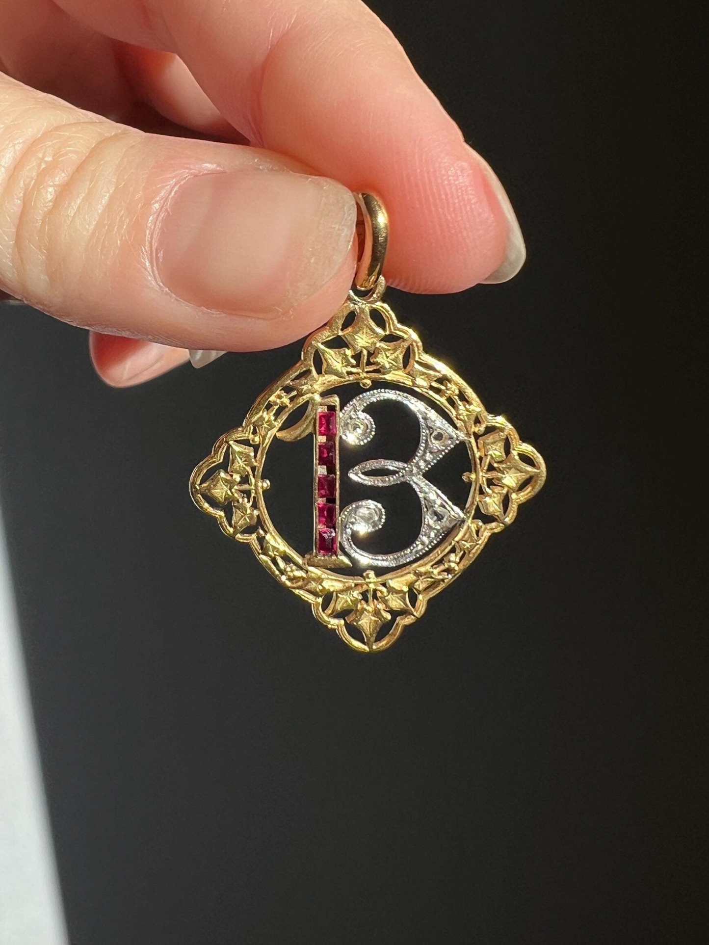 FRENCH Antique RUBY Lucky Number # 13 Pendant Rose Cut DIAMOND 18k Gold Belle Epoque Victorian Medal Ivy Thirteen Amulet Love Token Figural