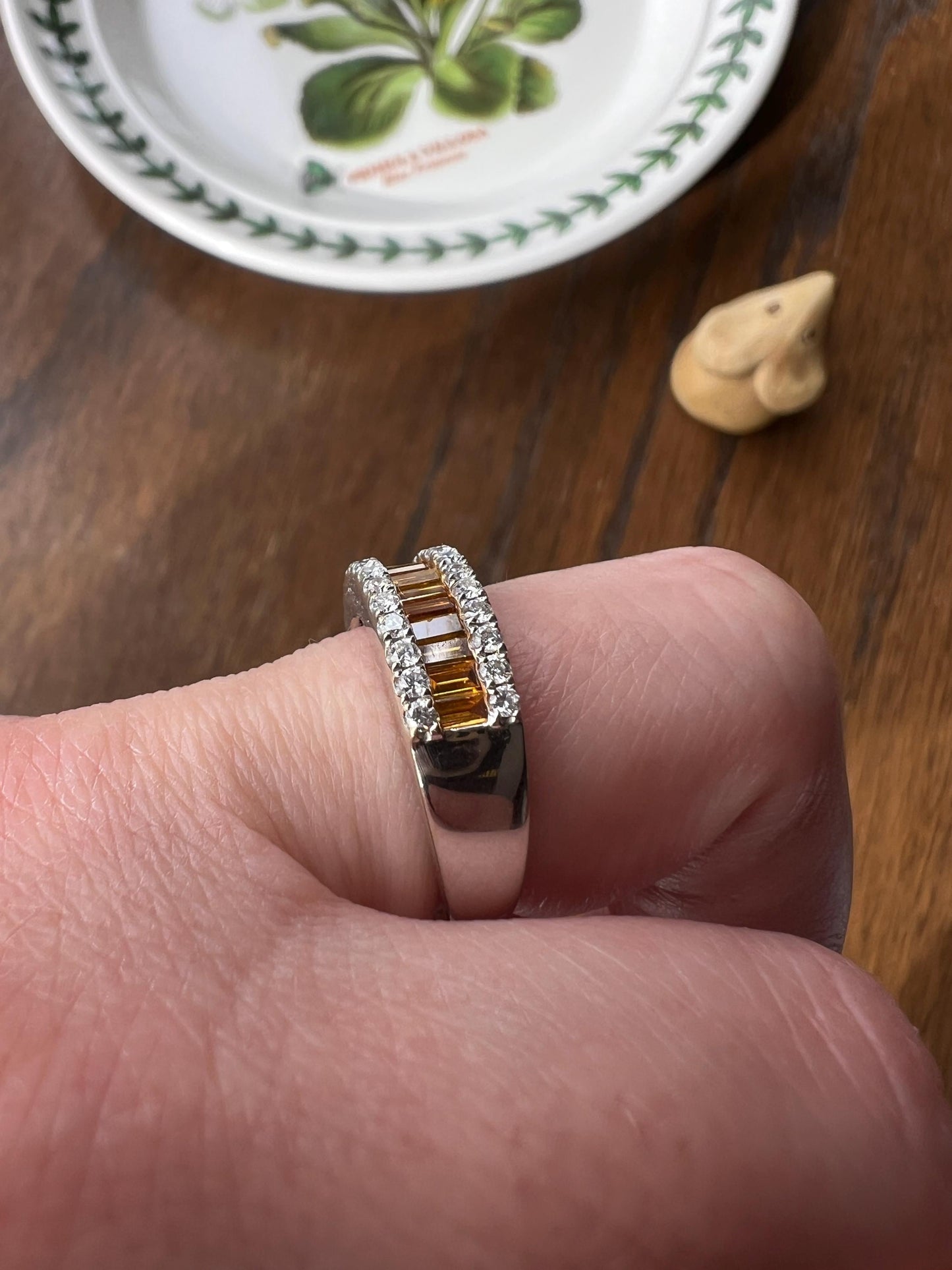 FANCY Intense YELLOW Orange & White 1.9 Carat DIAMOND 18k White Gold Ring Baguette Channel Set Band Half Hoop Linear Stacker Eternity 1.9ctw