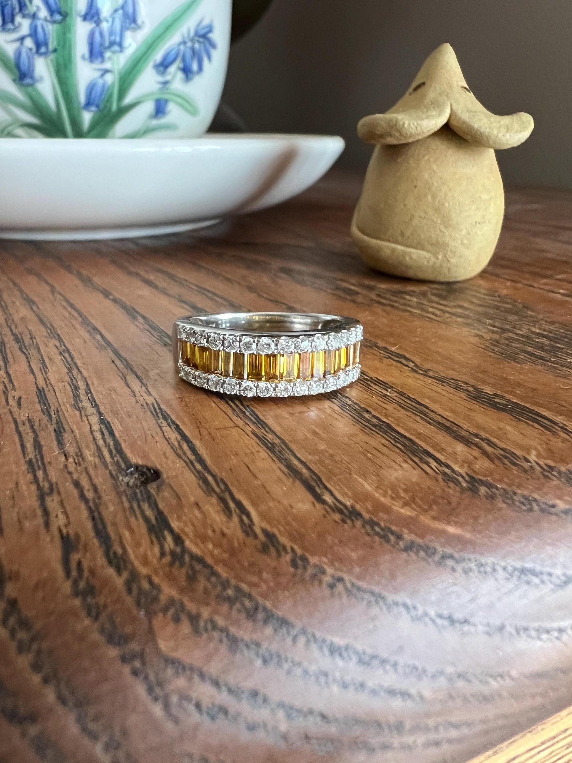 FANCY Intense YELLOW Orange & White 1.9 Carat DIAMOND 18k White Gold Ring Baguette Channel Set Band Half Hoop Linear Stacker Eternity 1.9ctw