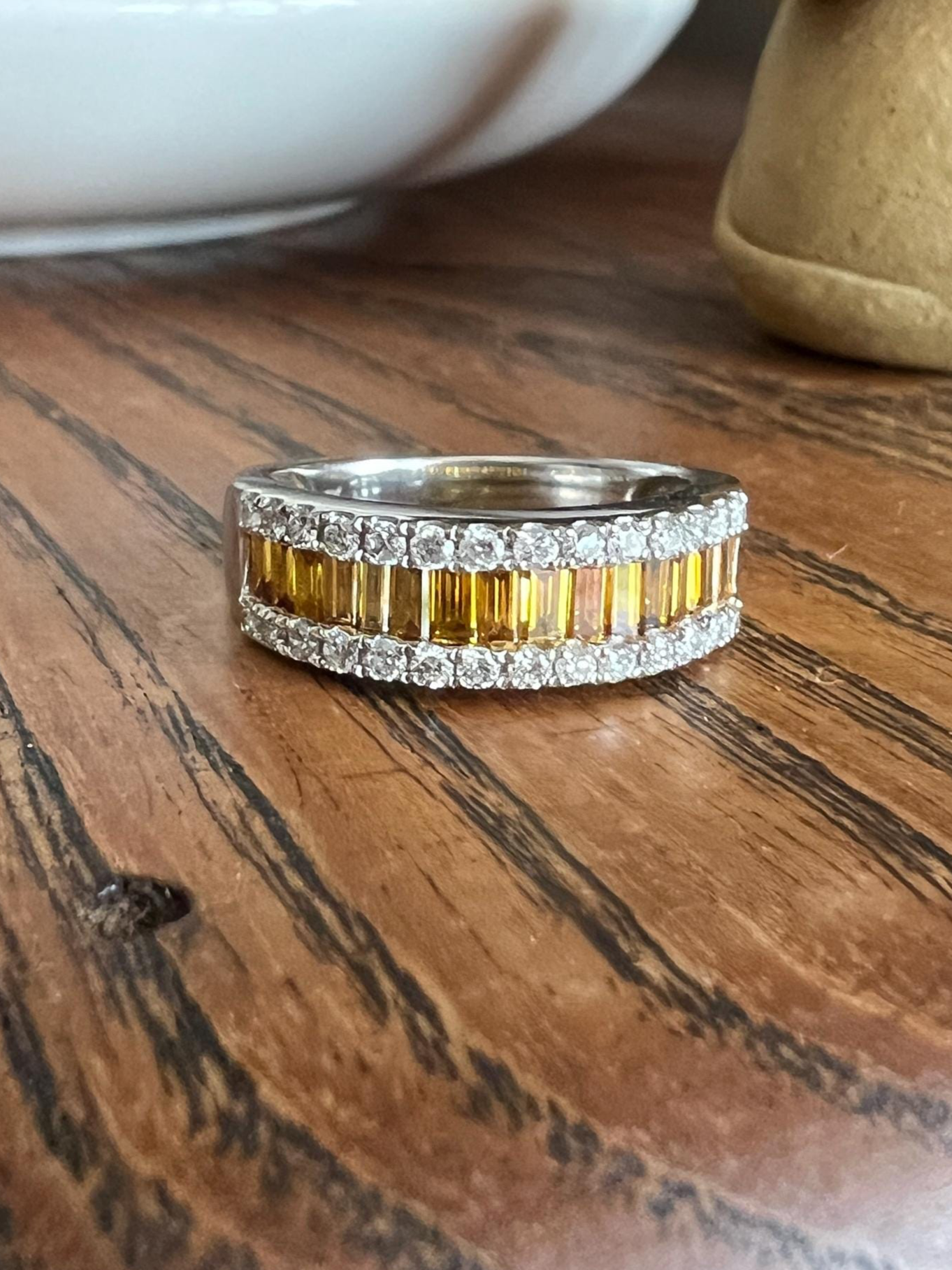 FANCY Intense YELLOW Orange & White 1.9 Carat DIAMOND 18k White Gold Ring Baguette Channel Set Band Half Hoop Stacker