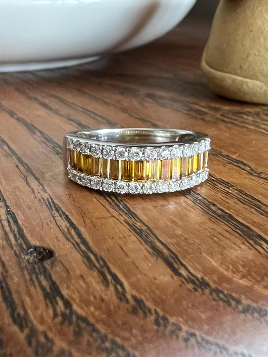 FANCY Intense YELLOW Orange & White 1.9 Carat DIAMOND 18k White Gold Ring Baguette Channel Set Band Half Hoop Stacker