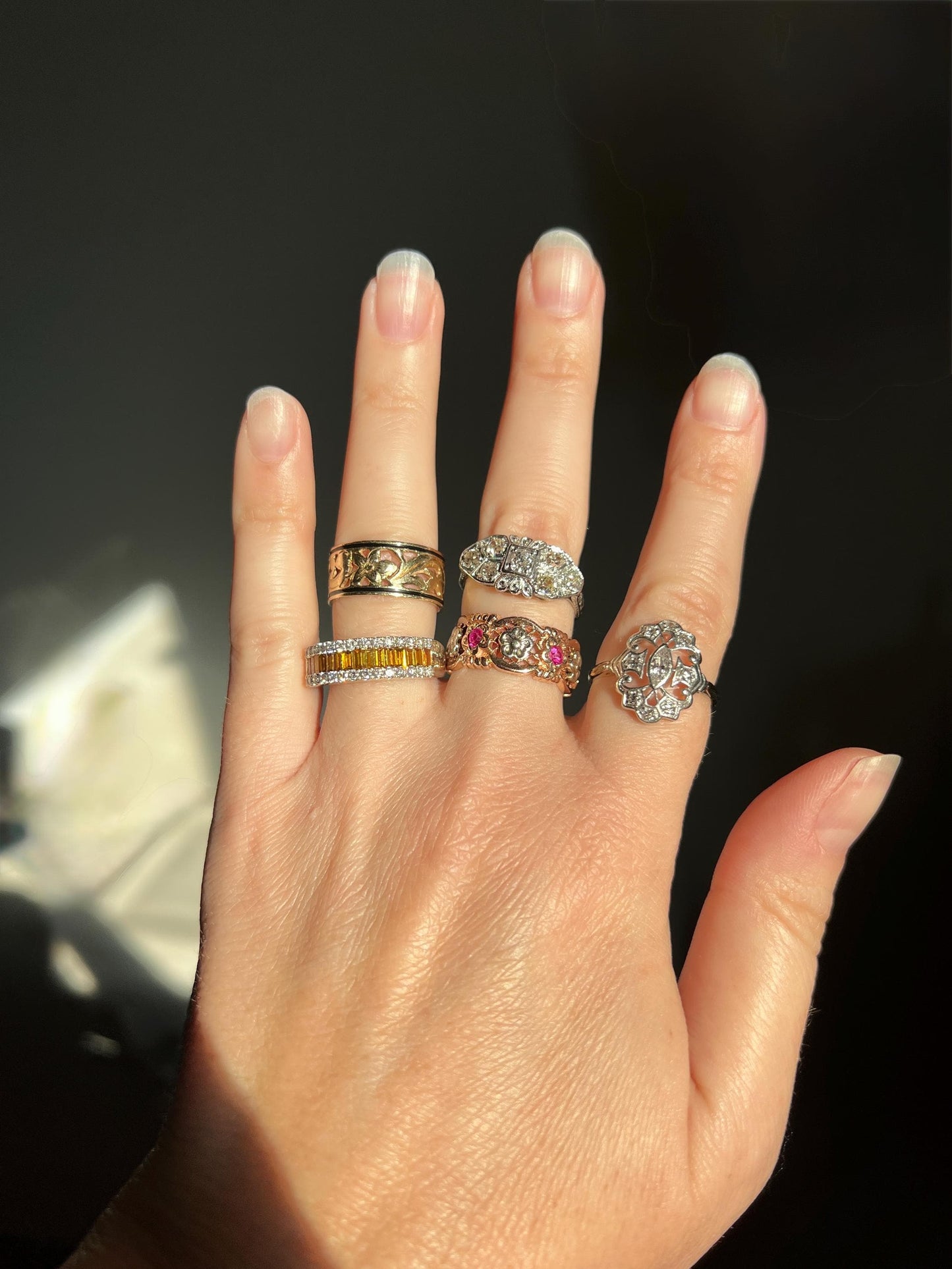 FORGET Me NOT Antique Orange Blossom Swirl Black Enamel Floral Cigar Band Eternity Ring 8.3mm Wide 14k Gold Wedding Romantic Gift Stacker