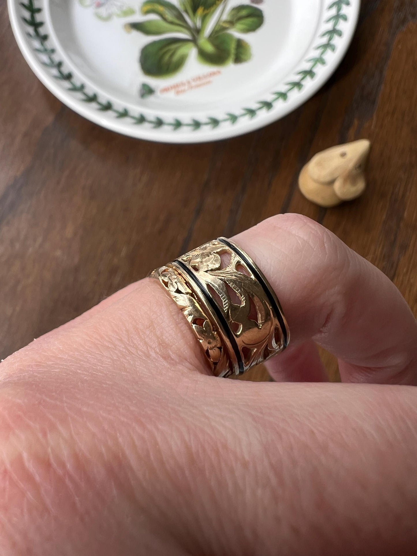 FORGET Me NOT Antique Orange Blossom Swirl Black Enamel Floral Cigar Band Eternity Ring 8.3mm Wide 14k Gold Wedding Romantic Gift Stacker
