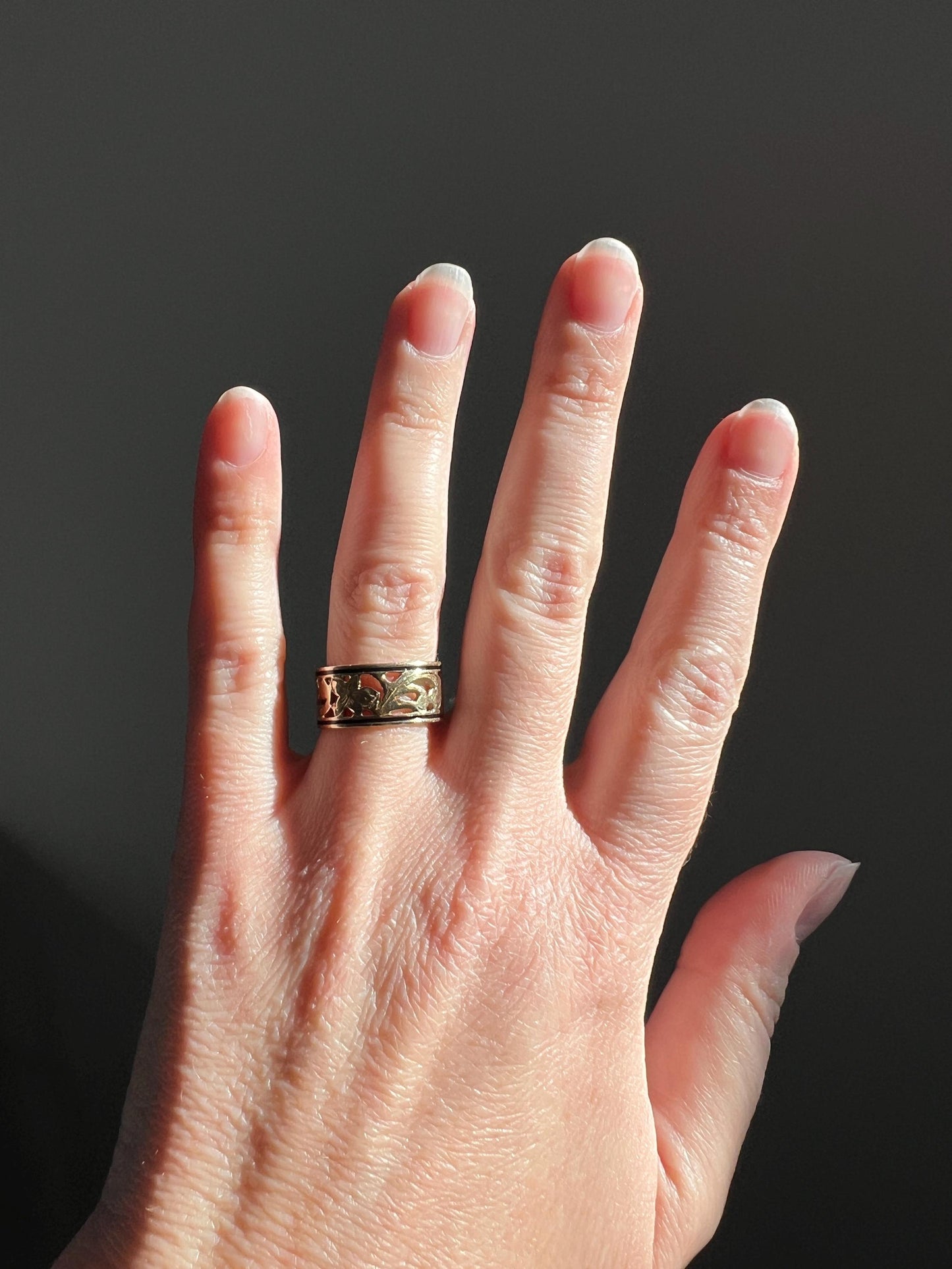 FORGET Me NOT Antique Orange Blossom Swirl Black Enamel Floral Cigar Band Eternity Ring 8.3mm Wide 14k Gold Wedding Romantic Gift Stacker