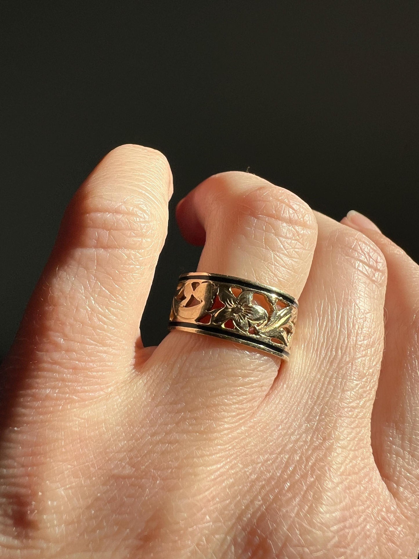 FORGET Me NOT Antique Orange Blossom Swirl Black Enamel Floral Cigar Band Eternity Ring 8.3mm Wide 14k Gold Wedding Romantic Gift Stacker