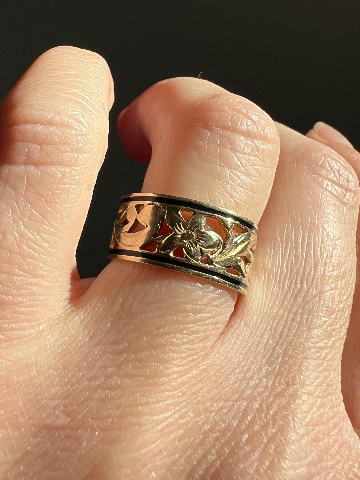 FORGET Me NOT Antique Orange Blossom Swirl Black Enamel Floral Cigar Band Eternity Ring 8.3mm Wide 14k Gold
