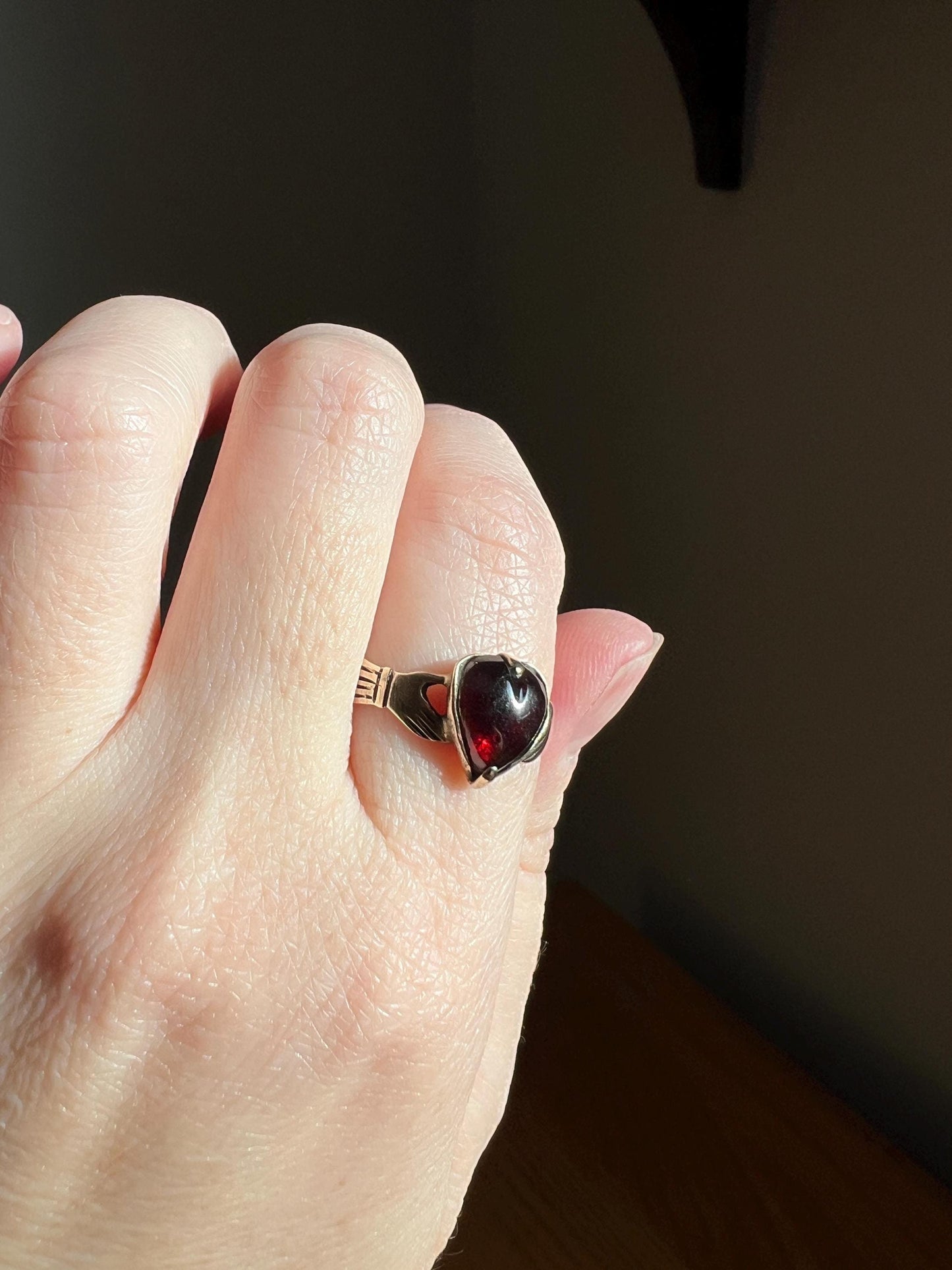HEART Crimson GARNET Antique FEDE Hands Holding Love Ring Antique 10k Gold Glowing Figural Band Stacker Romantic Gift Victorian Valentine's