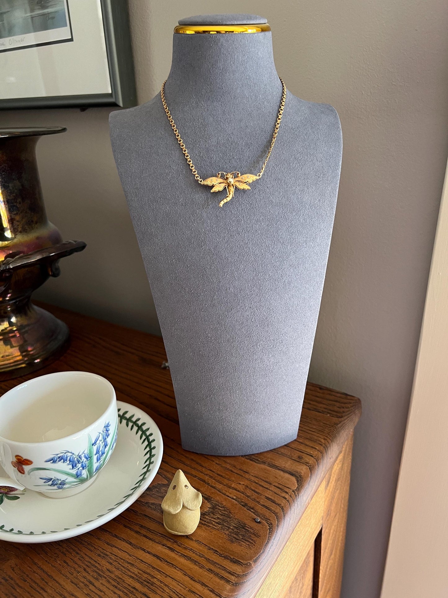 DRAGONFLY French Antique Necklace Victorian Tricolor 18k Rose Gold Figural Pin Pendant Old Mine Cut DIAMOND Belle Epoque Choker Chain Collar