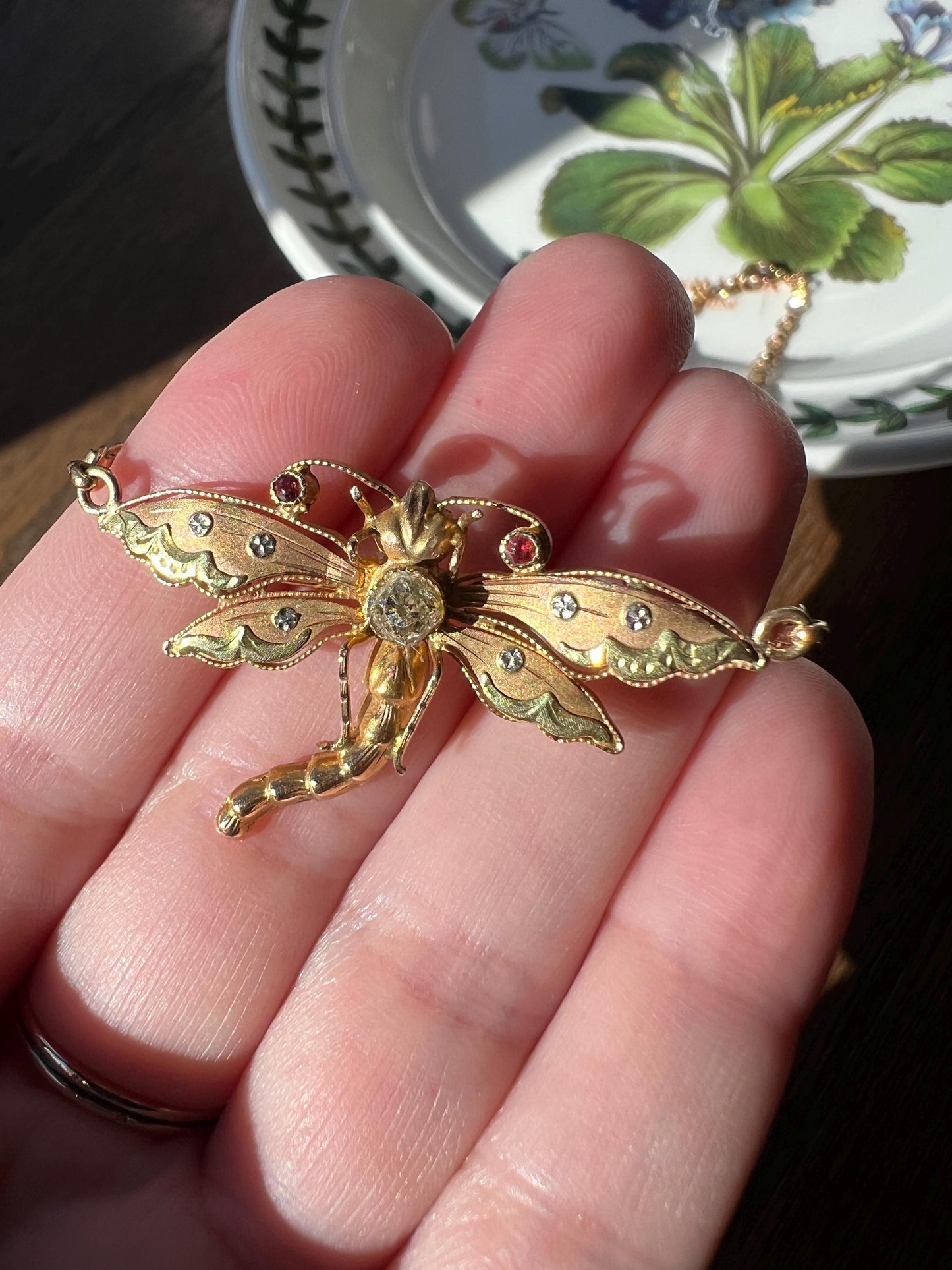 DRAGONFLY French Antique Necklace Victorian Tricolor 18k Rose Gold Figural Pin Pendant Old Mine Cut DIAMOND Belle Epoque Choker Chain Collar