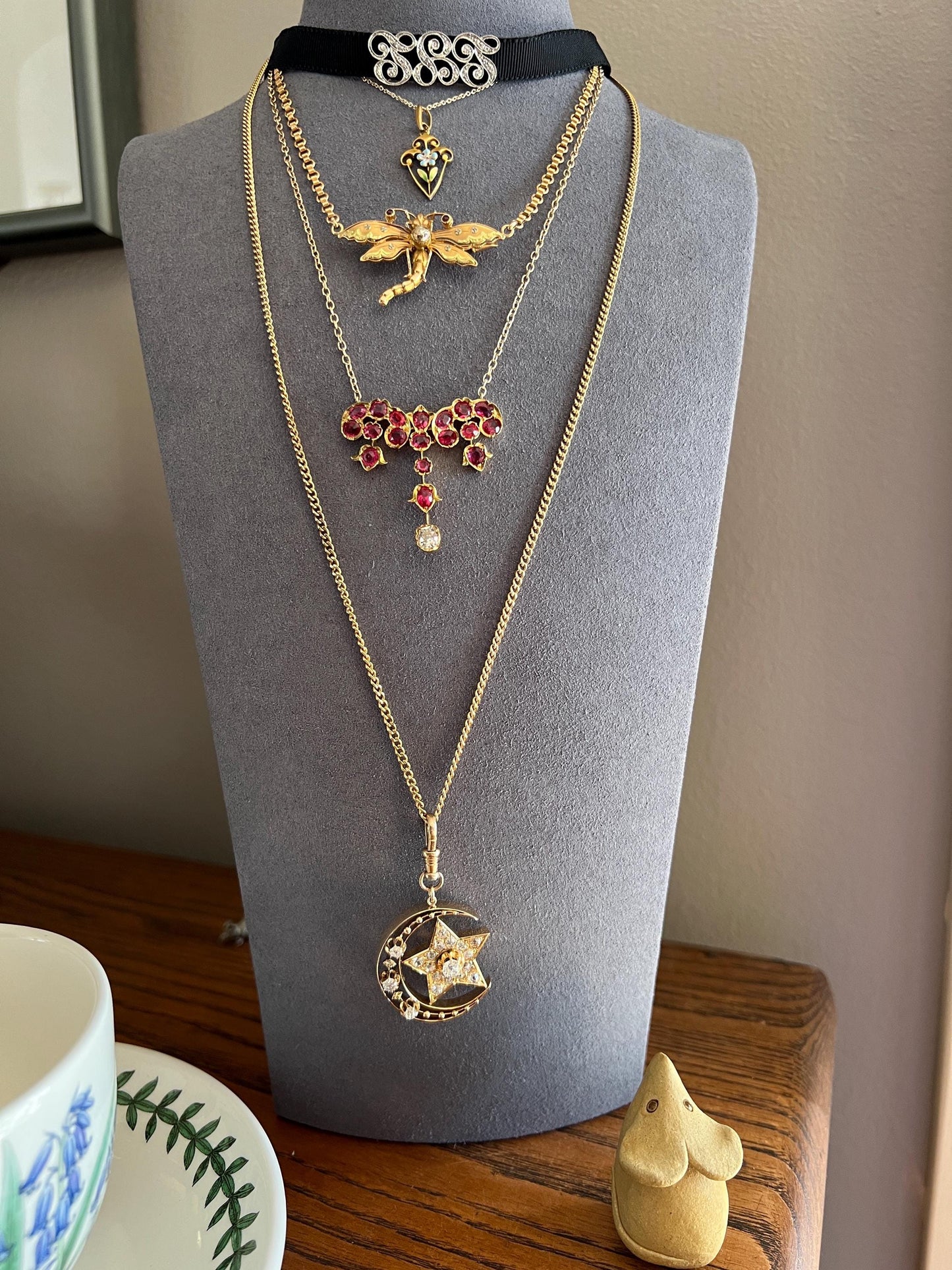 DRAGONFLY French Antique Necklace Victorian Tricolor 18k Rose Gold Figural Pin Pendant Old Mine Cut DIAMOND Belle Epoque Choker Chain Collar