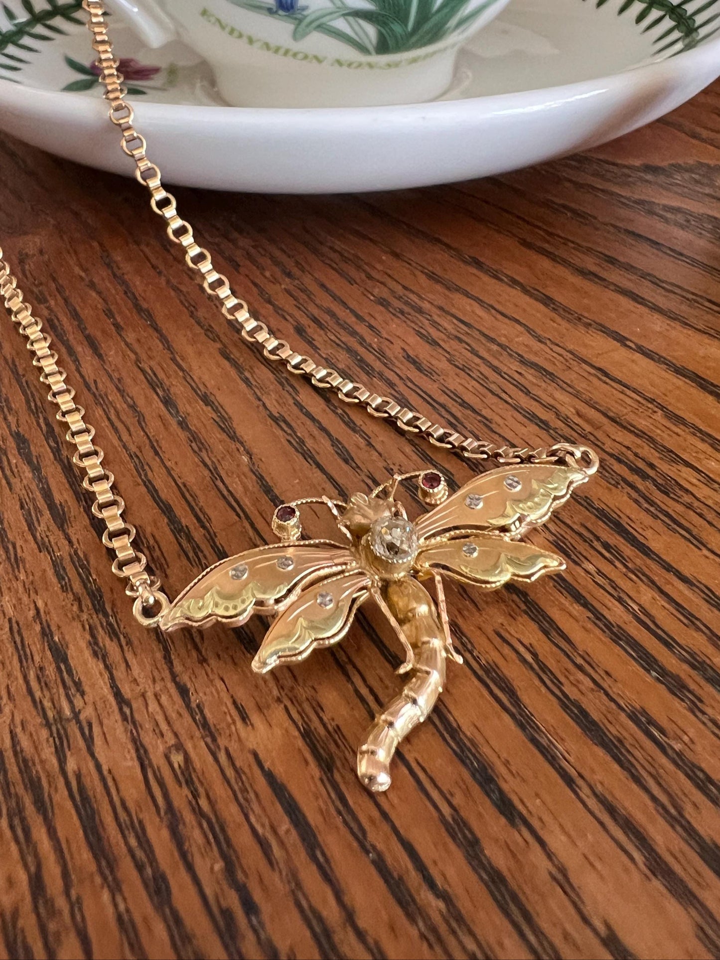 DRAGONFLY French Antique Necklace Victorian Tricolor 18k Rose Gold Figural Pin Pendant Old Mine Cut DIAMOND Belle Epoque Choker Chain Collar