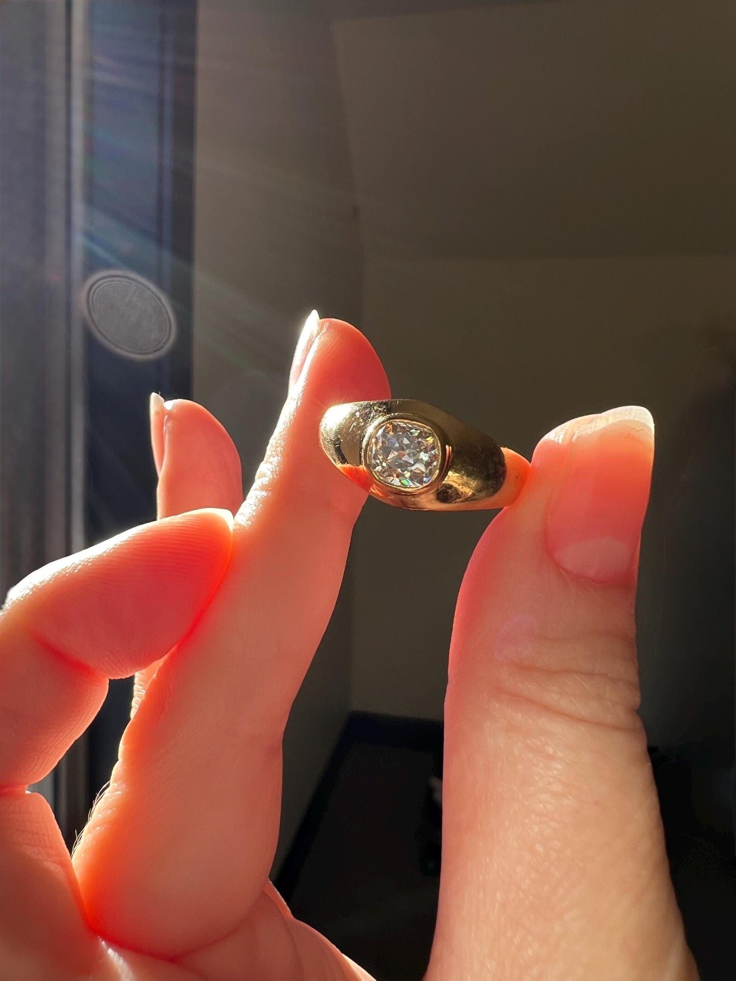 Chunky 1 Carat Antique Old Mine Cut DIAMOND Ring French 6.6g 18k Gold Gypsy Band Solitaire Gift Stacker Chunky Unisex Man or