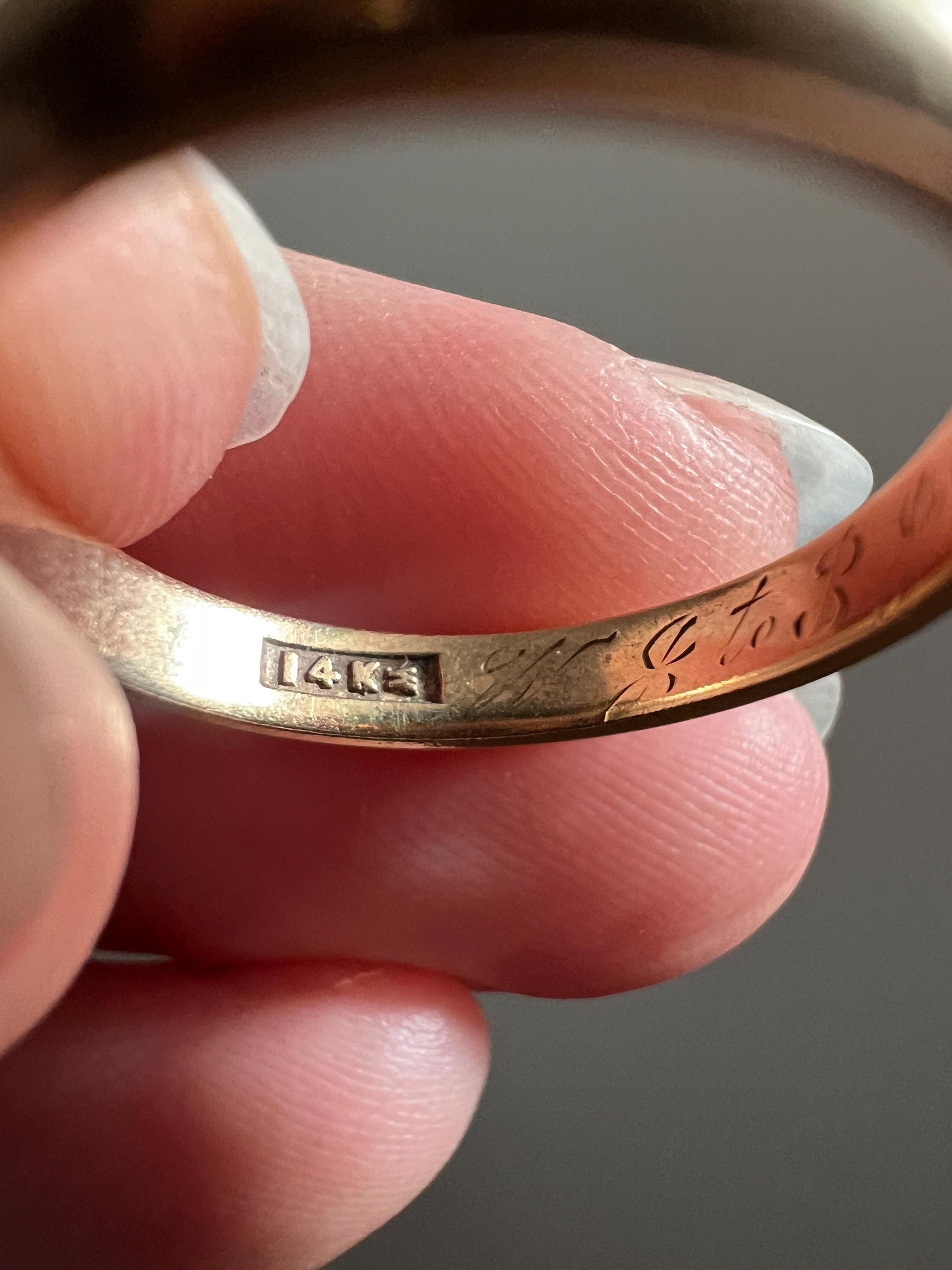 DATED 1911 Antique Edwardian 14k Gold Sz 5.75 Wedding Band Engraved CHARM Holder Ring JR Wood Rich Warm Patina Romantic Gift Stacker June