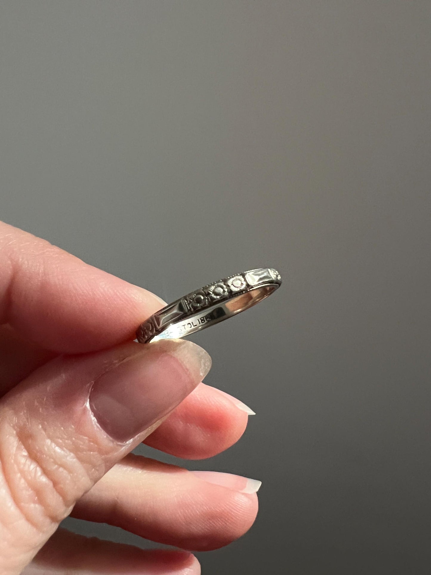 Sunflower? Orange Blossom 18k White Gold Floral Embossed Antique Sz 8.25 Wedding Band Forget Me Not Ring Skinny Floral Eternity Gift Stack