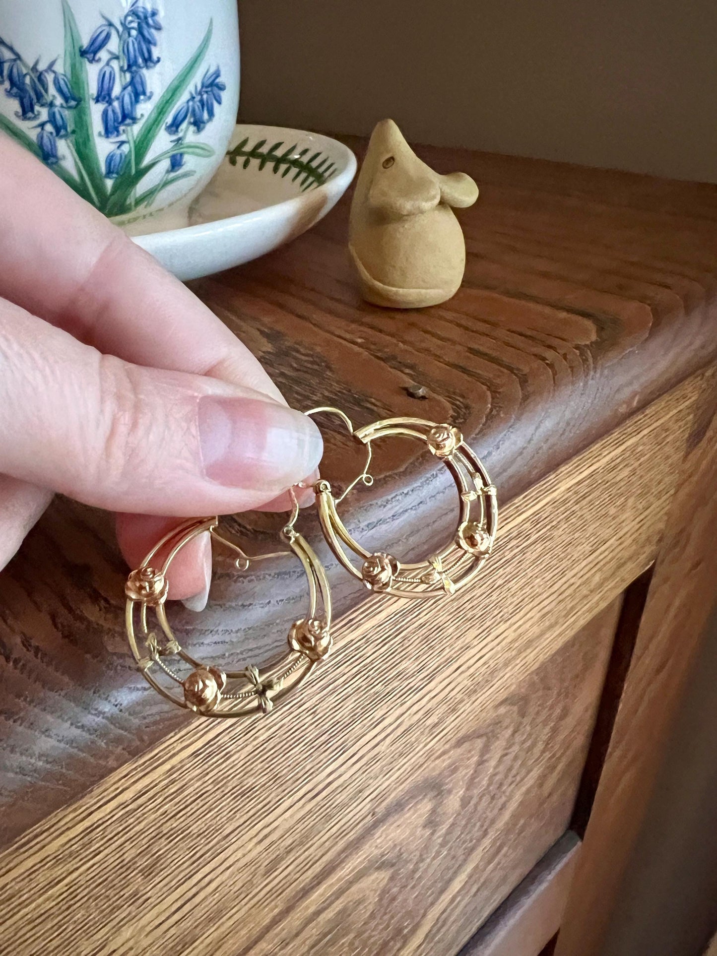 Floral French ANTIQUE CREOLE Hoop EARRINGS Tricolor 18k Gold Roses Dangle Shimmering Gypsy Belle Epoque Victorian Romantic Gift