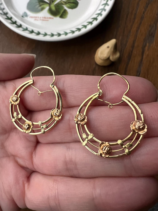 Floral French ANTIQUE CREOLE Hoop EARRINGS Tricolor 18k Gold Roses Dangle Shimmering Gypsy Belle Epoque Victorian Romantic Gift