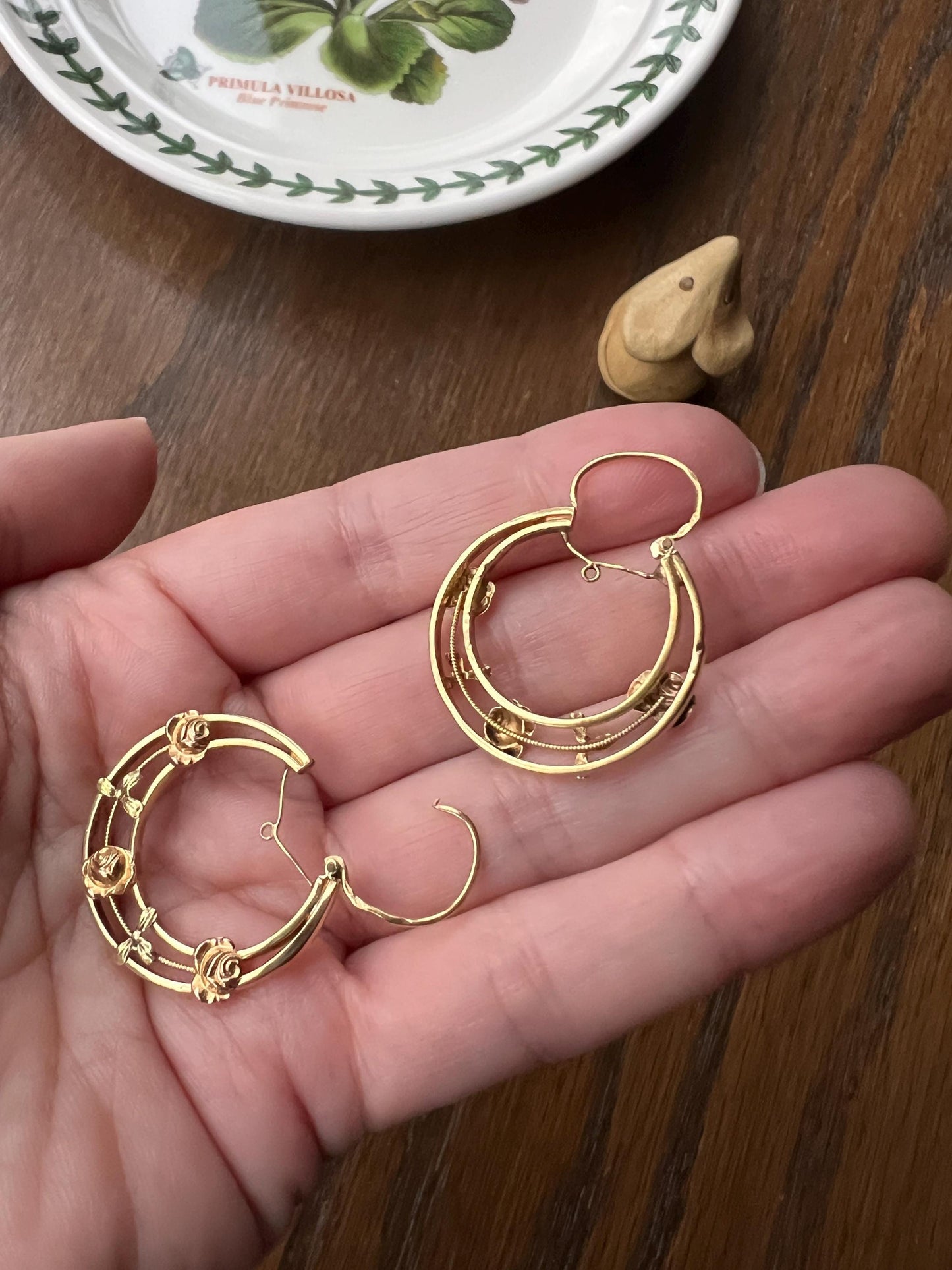 Floral French ANTIQUE CREOLE Hoop EARRINGS Tricolor 18k Gold Roses Dangle Shimmering Gypsy Belle Epoque Victorian Romantic Gift