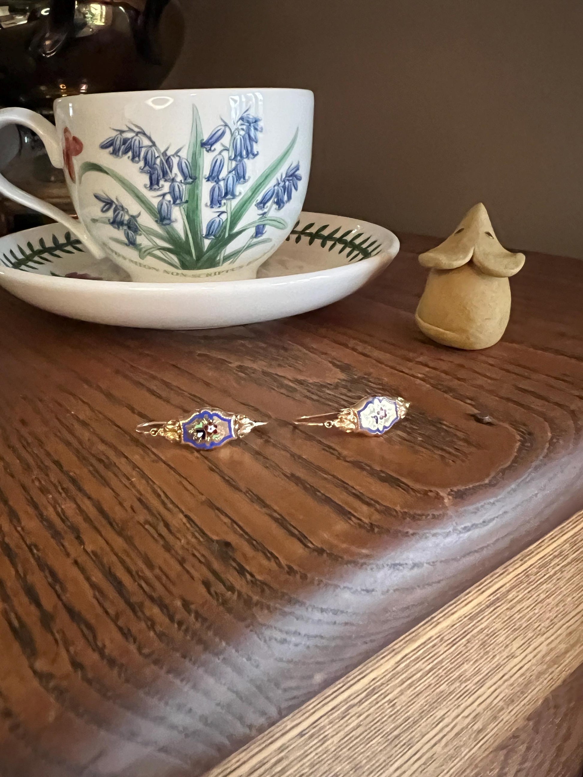 FLORAL Antique FRENCH Regional Enamel 18k Gold Poissarde Hoop Dangle EARRINGS Victorian Gift Belle Epoque Bridal Something Old & Blue
