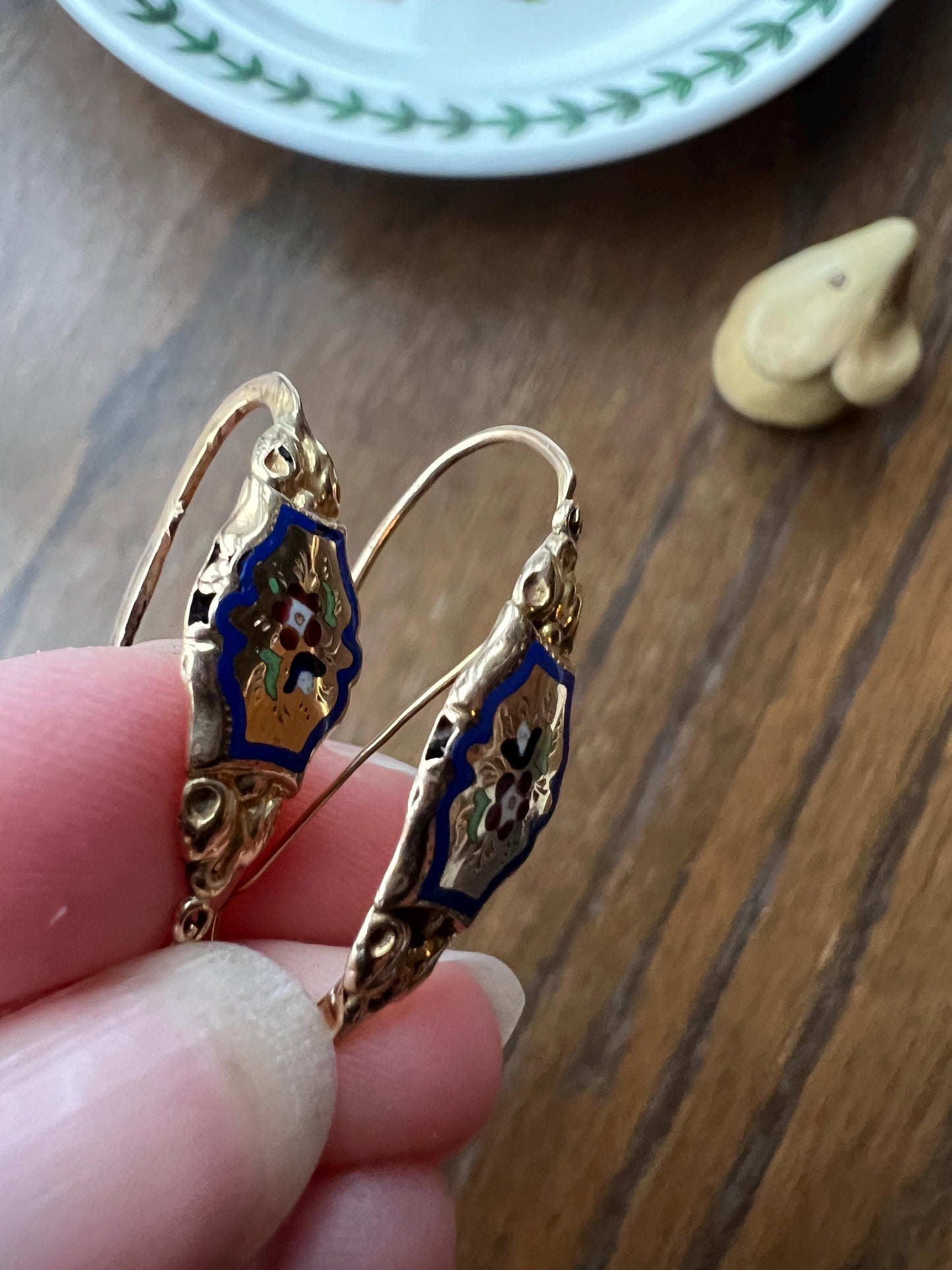 FLORAL Antique FRENCH Regional Enamel 18k Gold Poissarde Hoop Dangle EARRINGS Victorian Gift Belle Epoque Bridal Something Old & Blue